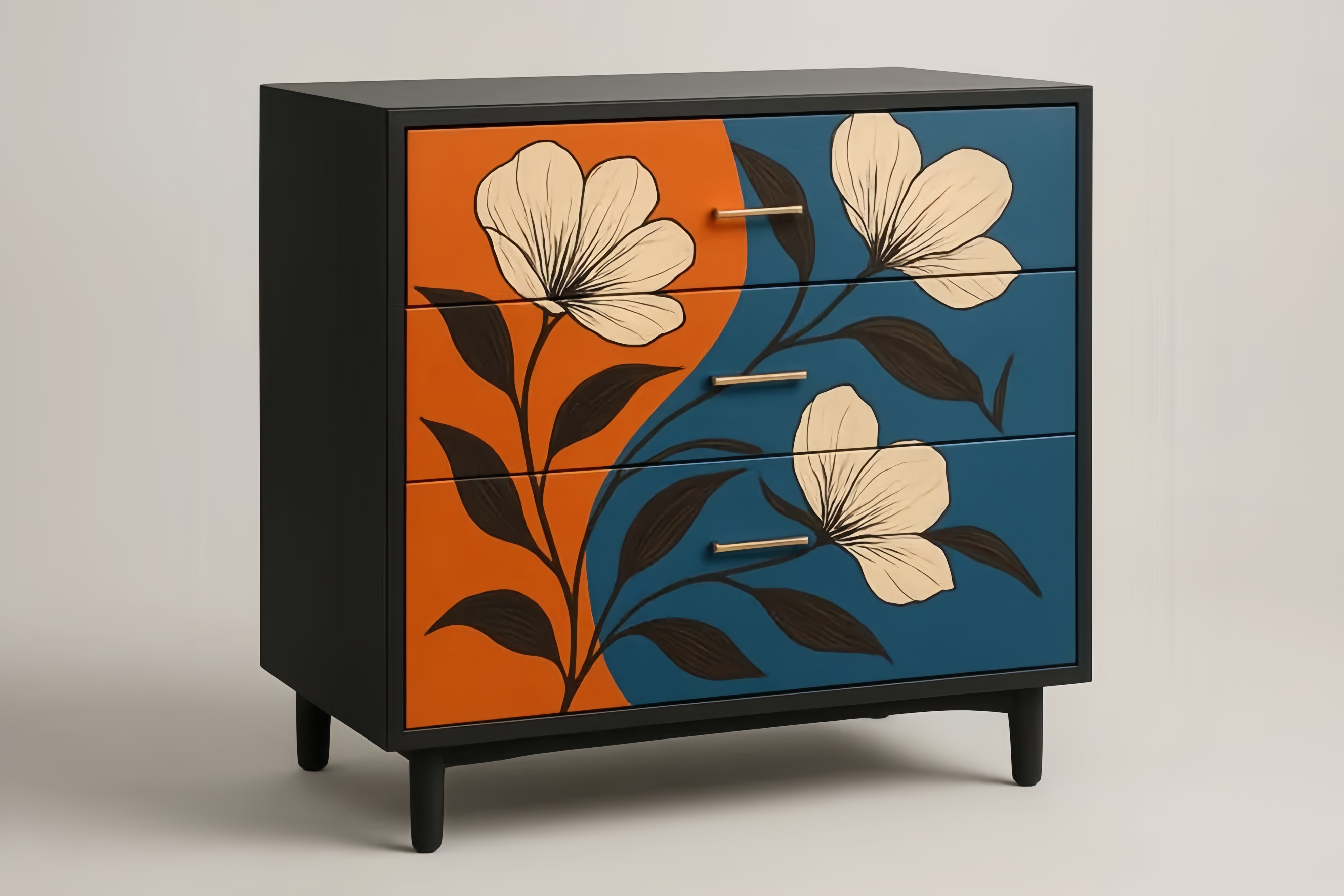 Comò a Tre Cassetti in Legno Massello Decorato Floreale Arancione e Blu