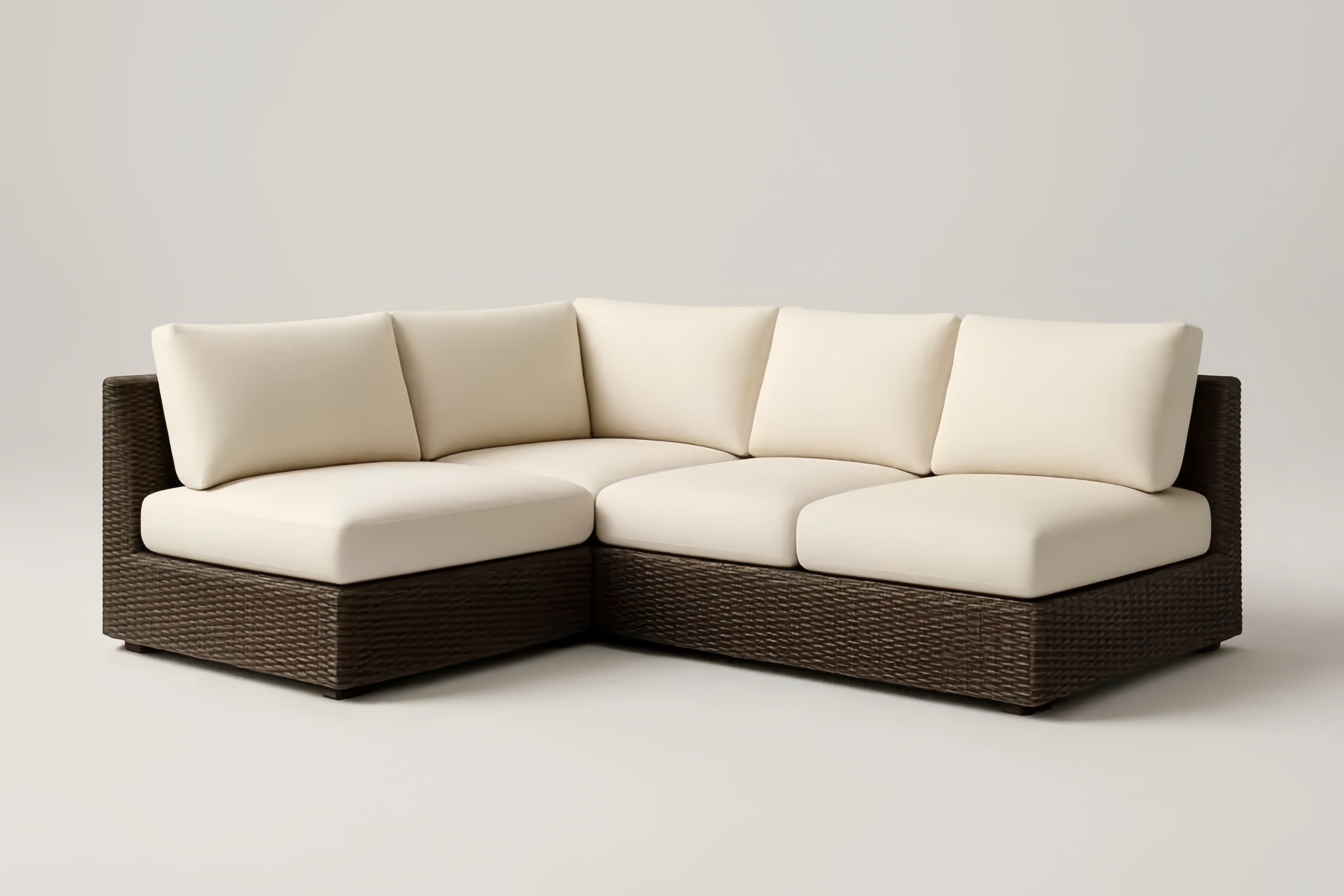 Divano Angolare in Rattan Marrone con Cuscini in Poliestere Beige