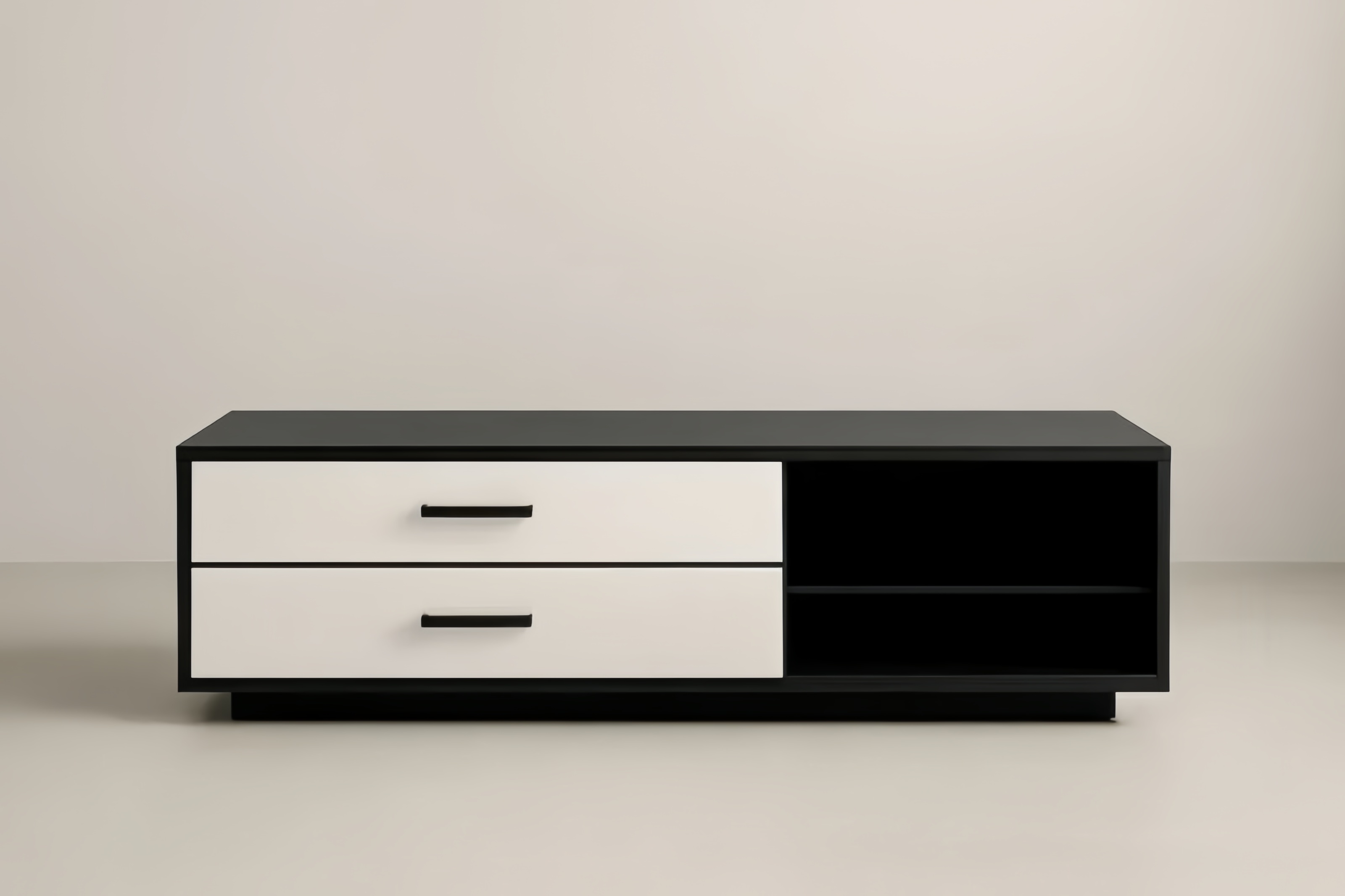 Mobile TV in MDF Nero e Bianco con Due Cassetti e Ripiano Aperto