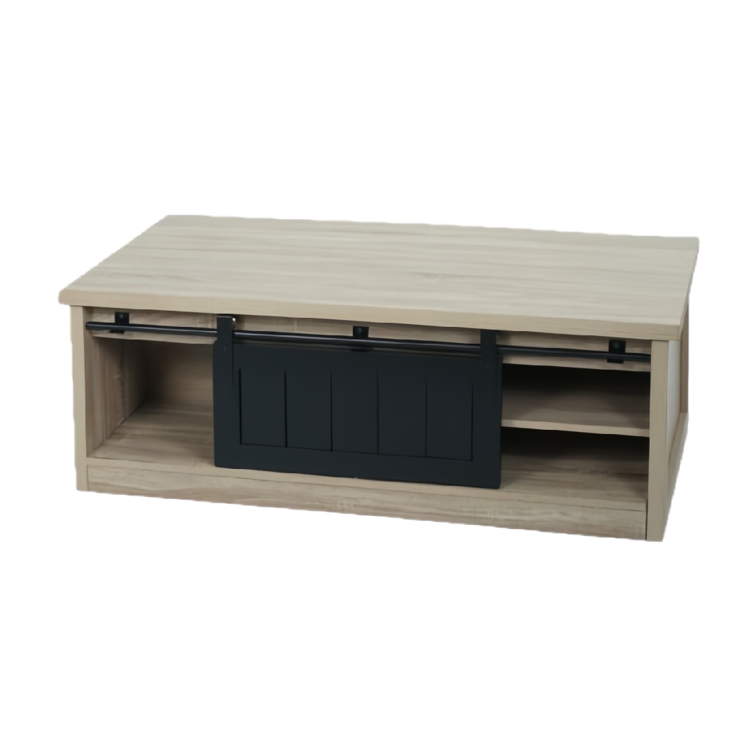 Wood Coffee Table with Sliding Barn Door, Storage Shelves, Light Oak Finish-christahuot.shop
