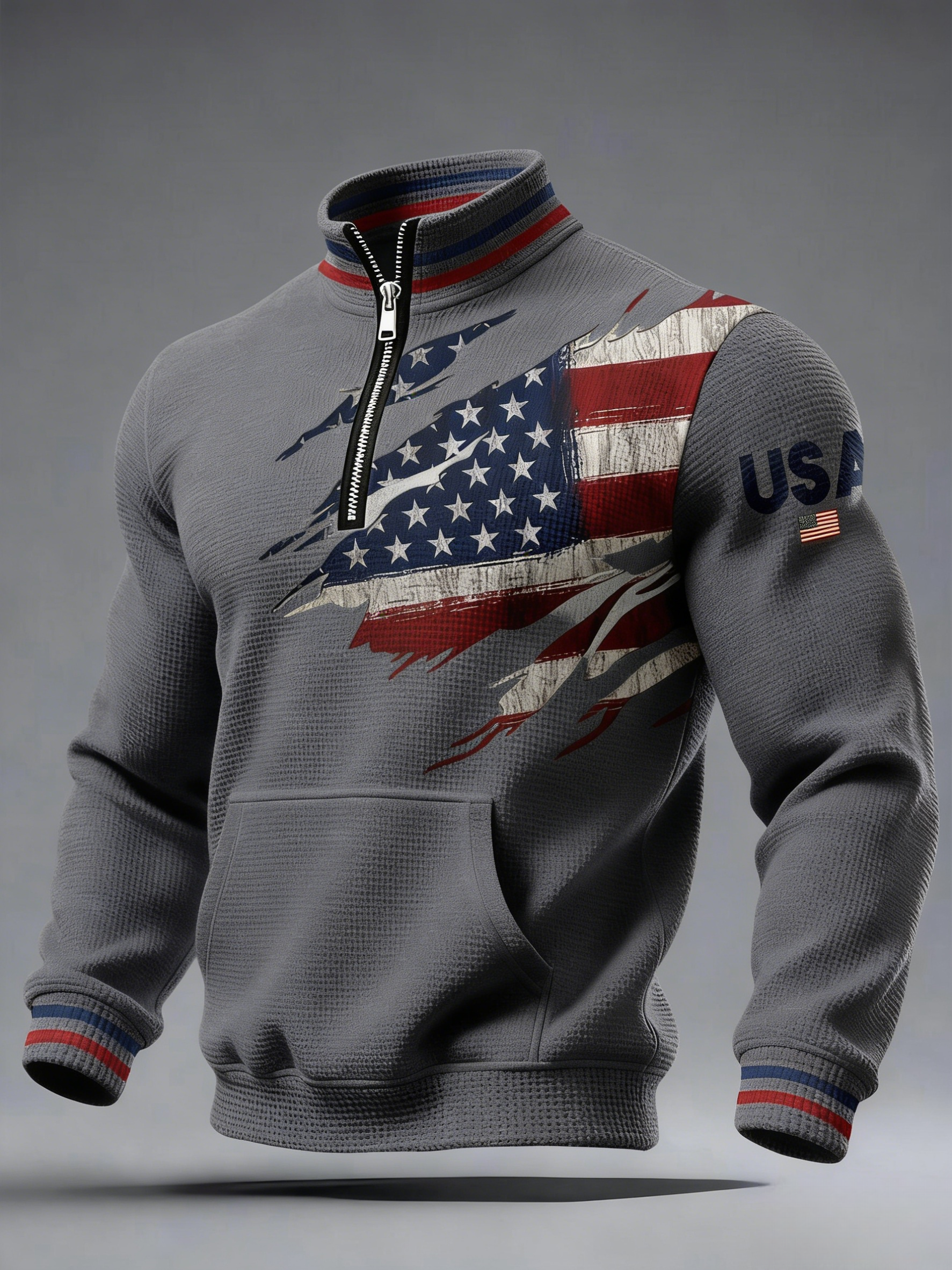 Anniversary Casual Printed Stand Collar Zip Waffle Sweatshirt