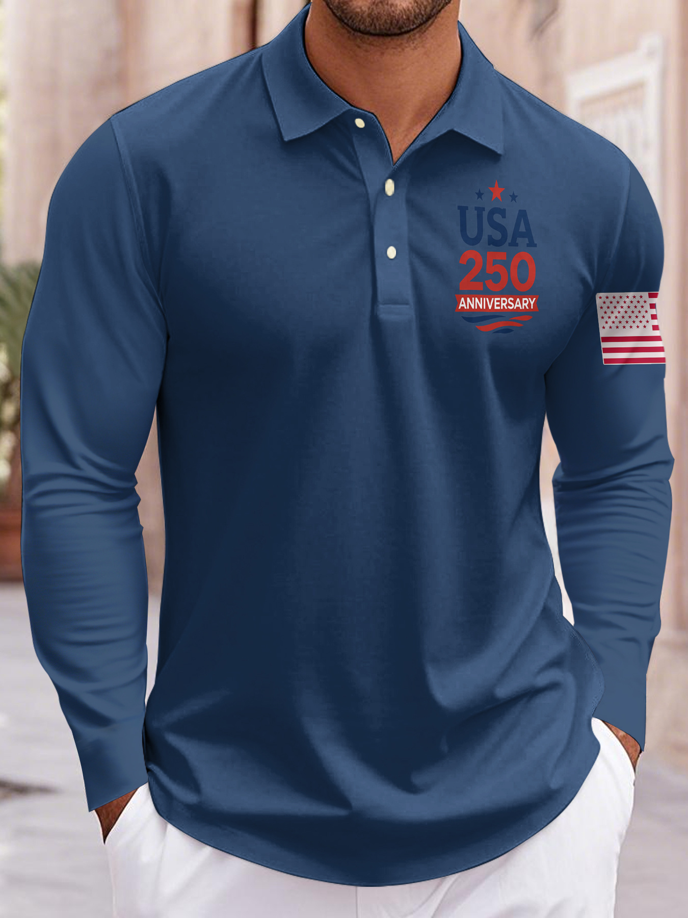 Men’s America 250th Anniversary Long Sleeve Shirt – Navy Blue Patriotic Flag Casual Top