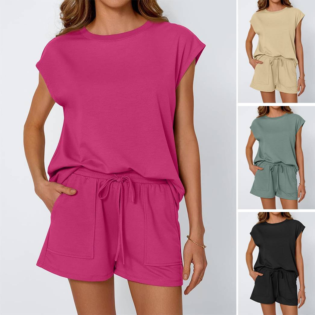 Round Neck Cap Sleeve Top and Shorts Set