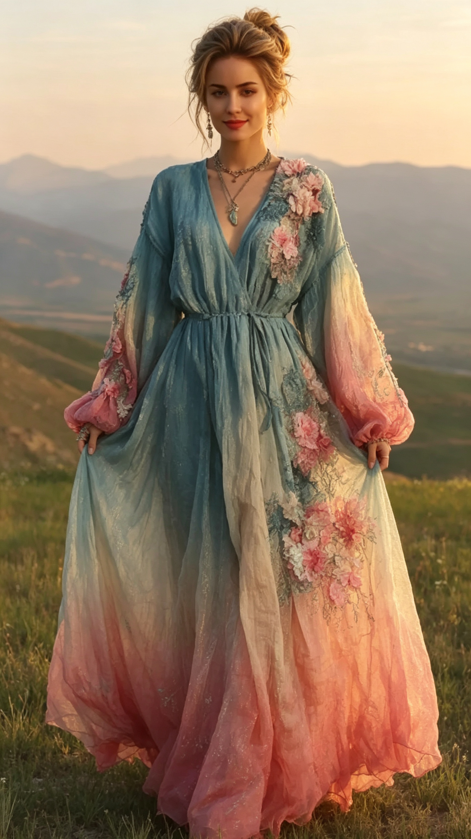 Women's Retro Bohemian Style Artistic Floral V-neck Long Dress.