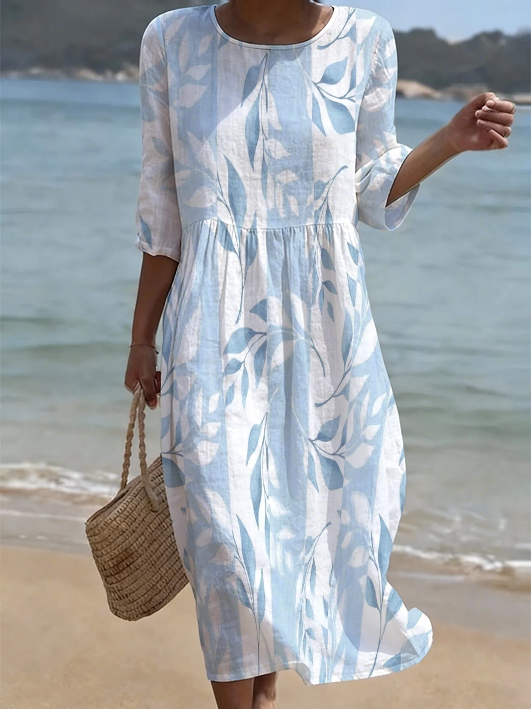 Women's Casual Solid Color Round Neck Mid-Sleeve Floral Print Cotton Linen Dress