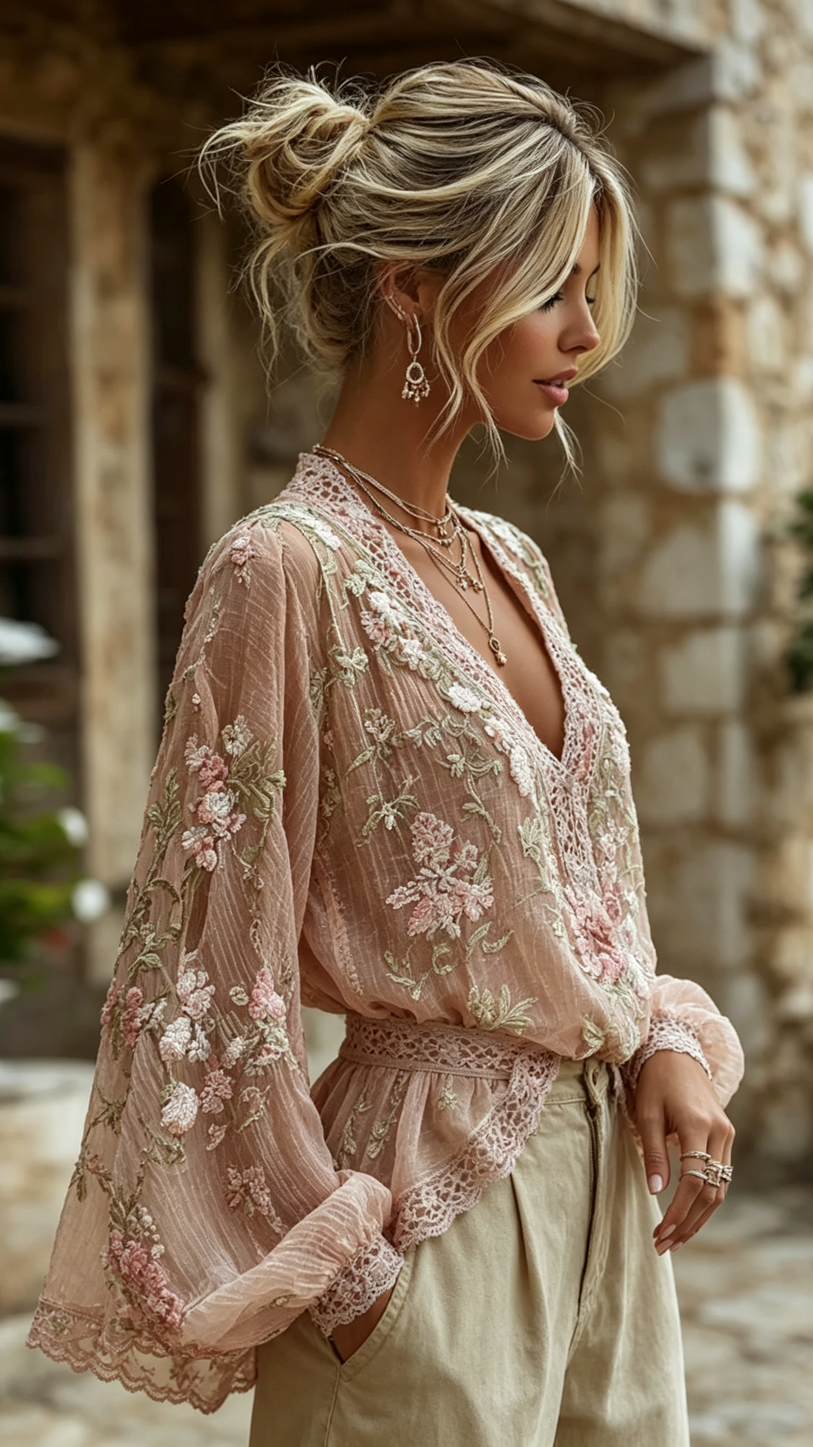 Women's Vintage Pink Floral Embroidered Art V-neck Blouse