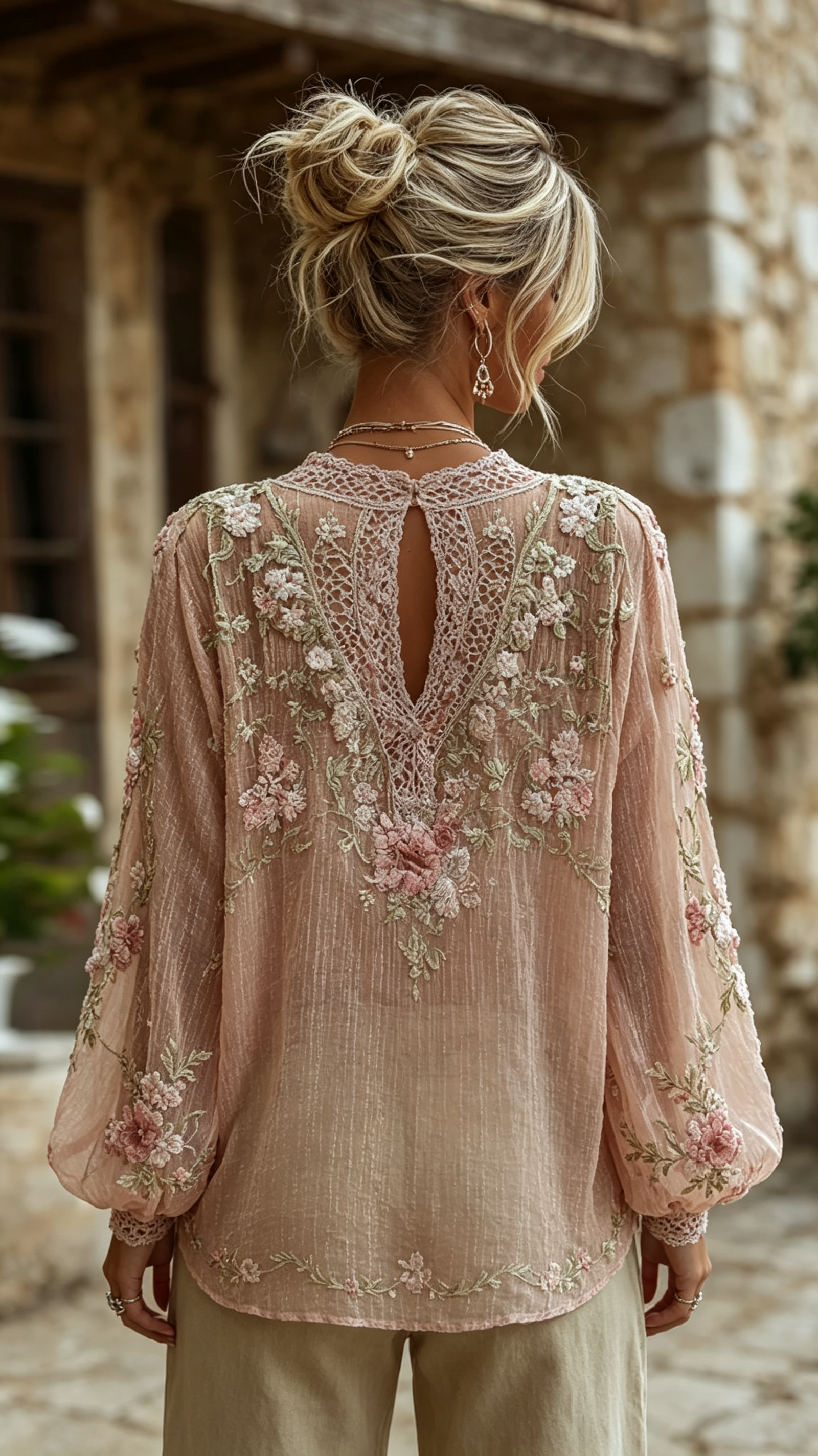 Women's Vintage Pink Floral Embroidered Art V-neck Blouse
