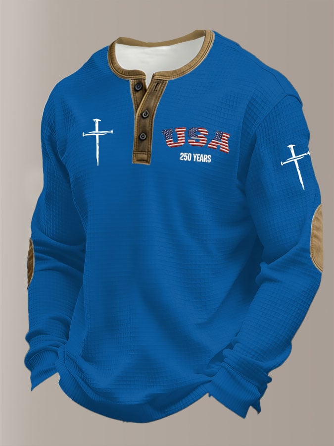 Men's Retro Usa 250 Years Print Henley Shirt