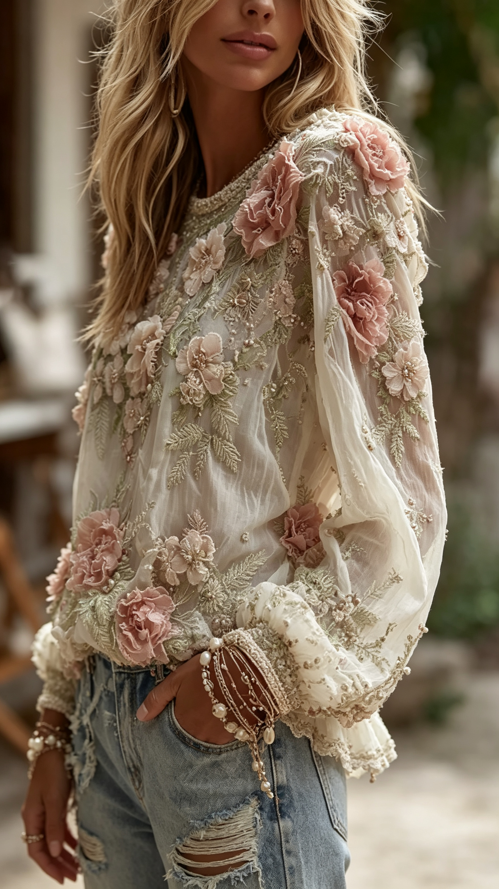 Women's Vintage Floral Art Print Comfy Long Sleeve T-shirt