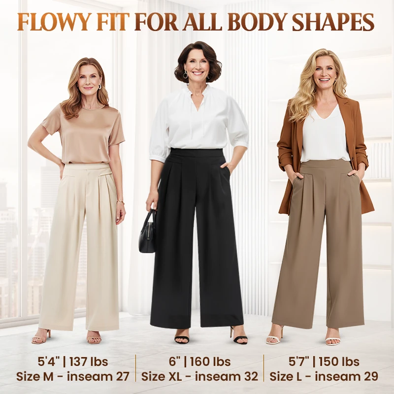 FlowyCharm - Drapey Soft Elegant High-Waisted Wide-Leg Pants