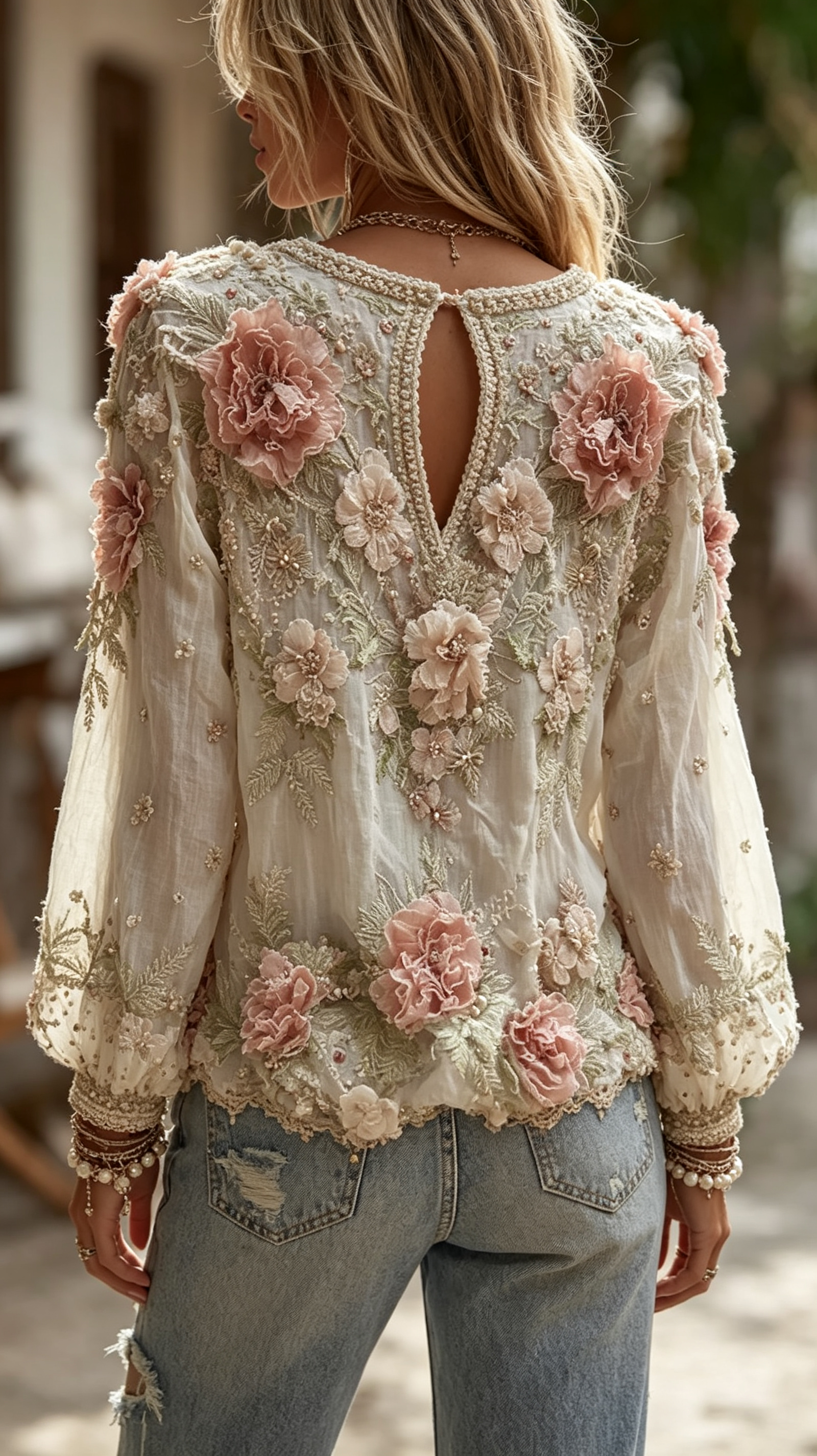 Women's Vintage Floral Art Print Comfy Long Sleeve T-shirt