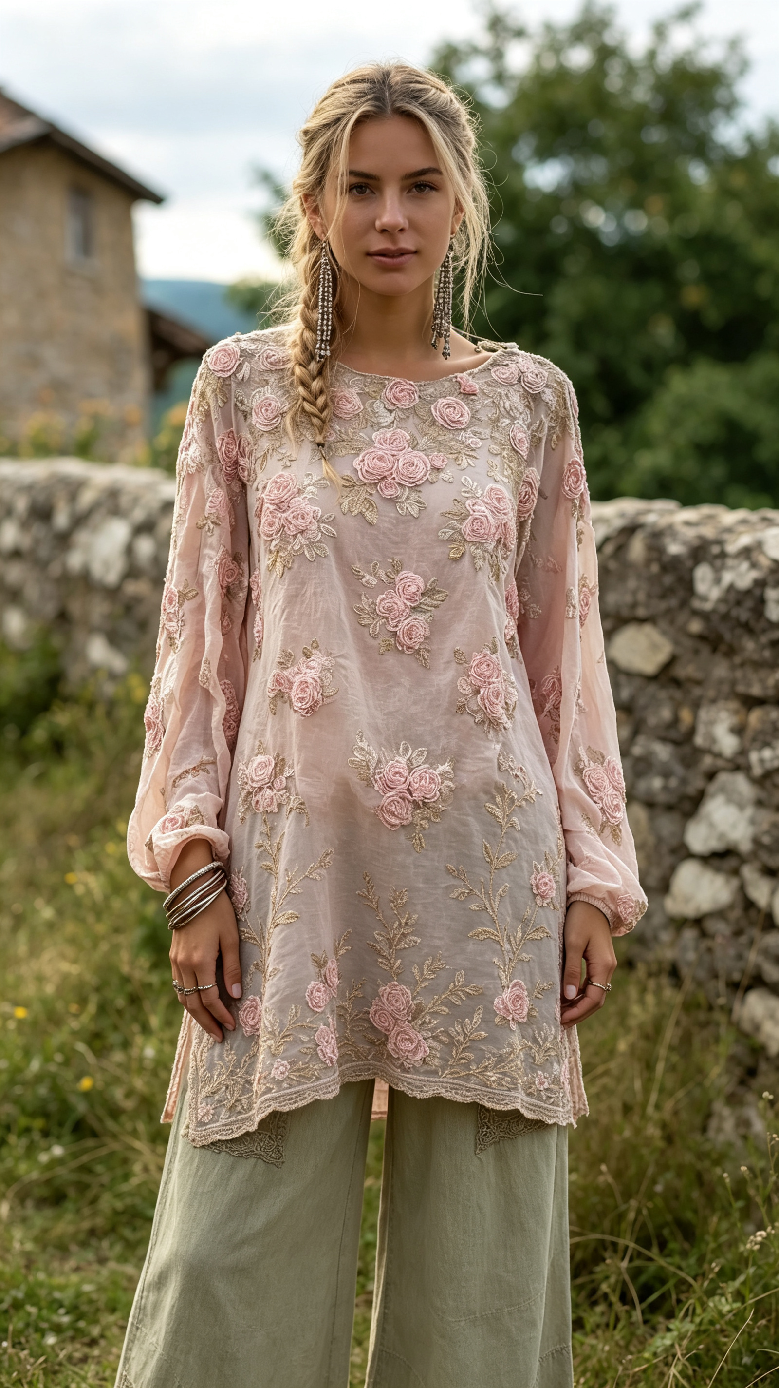 Elegant Boho Pink Roses Embroidered Cozy Linen Tunic