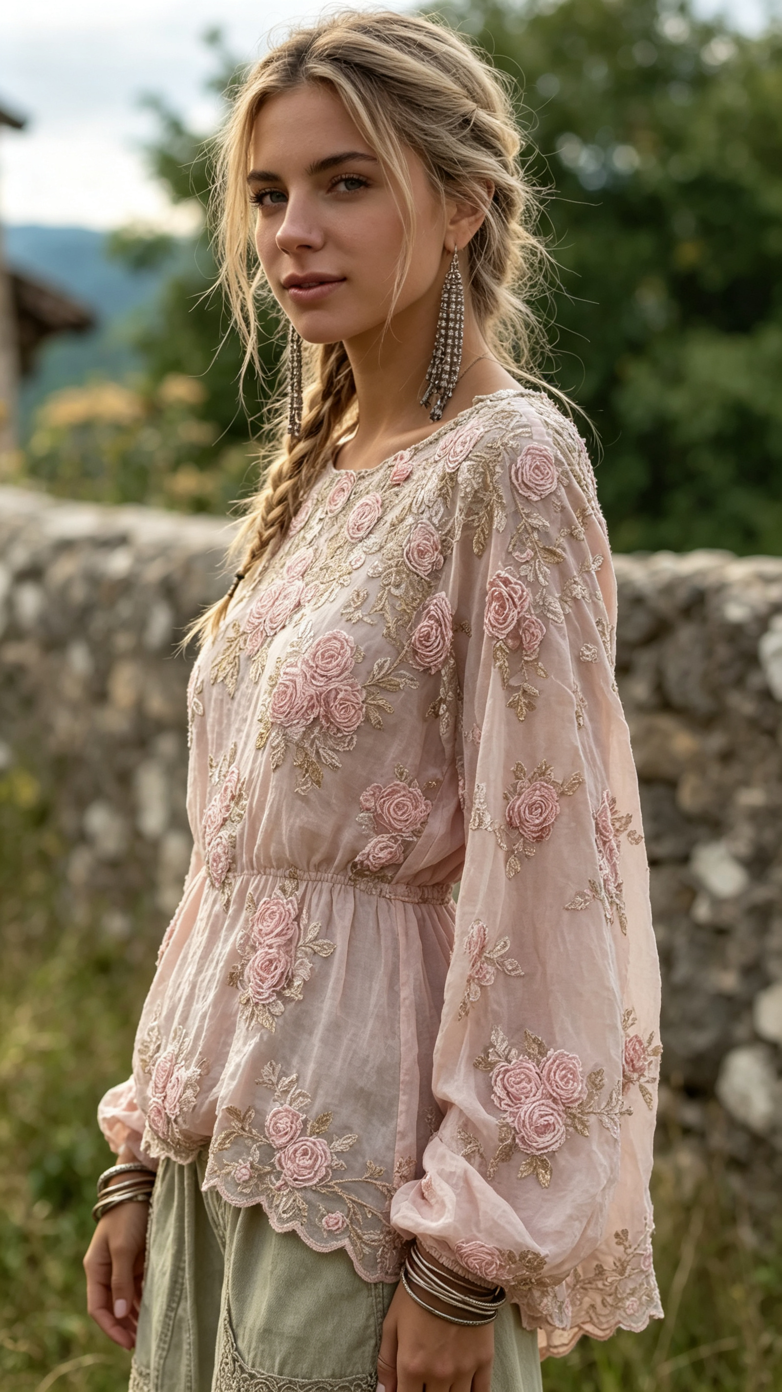 Elegant Boho Pink Roses Embroidered Cozy Linen Tunic