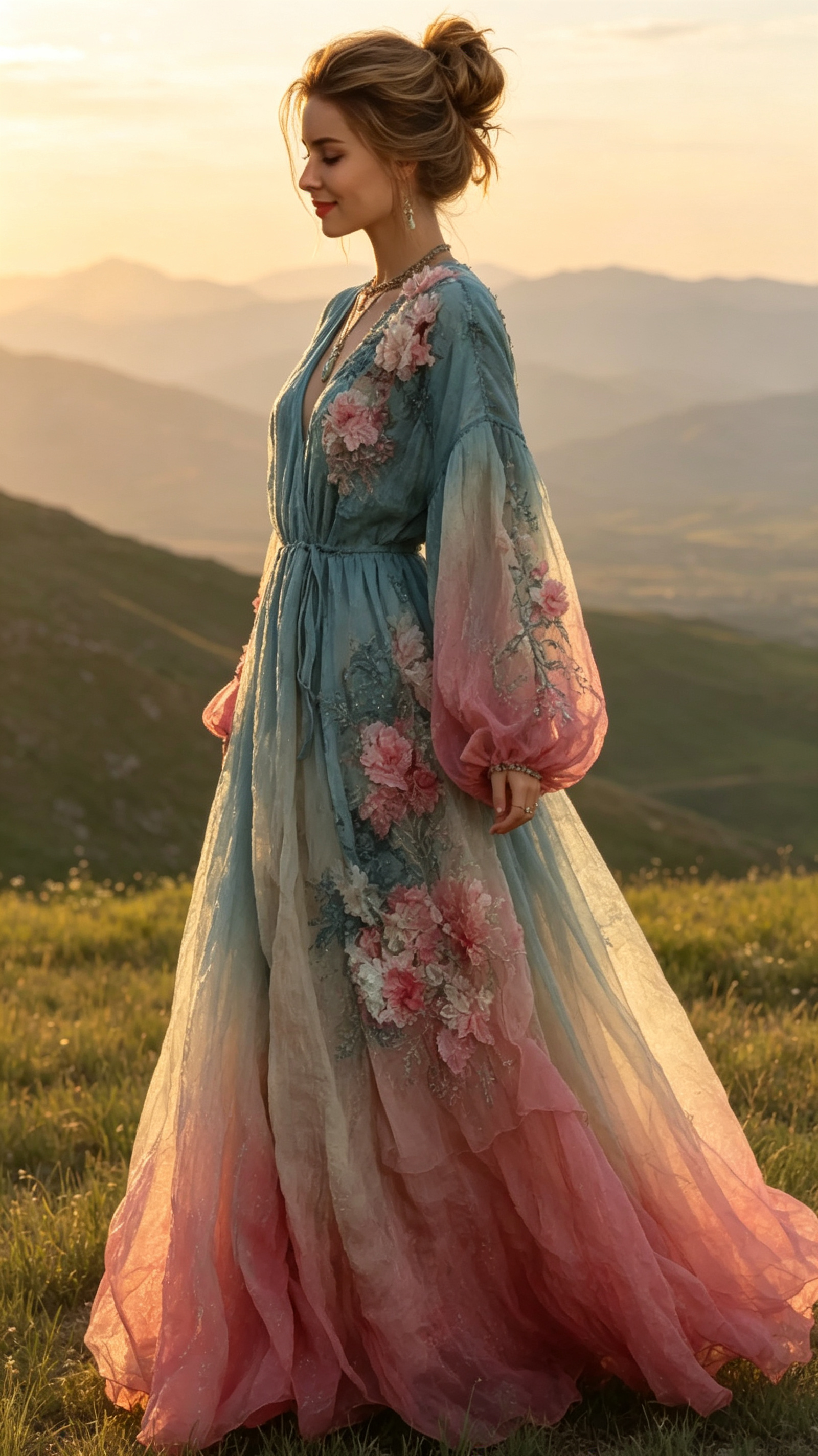 Women's Retro Bohemian Style Artistic Floral V-neck Long Dress.