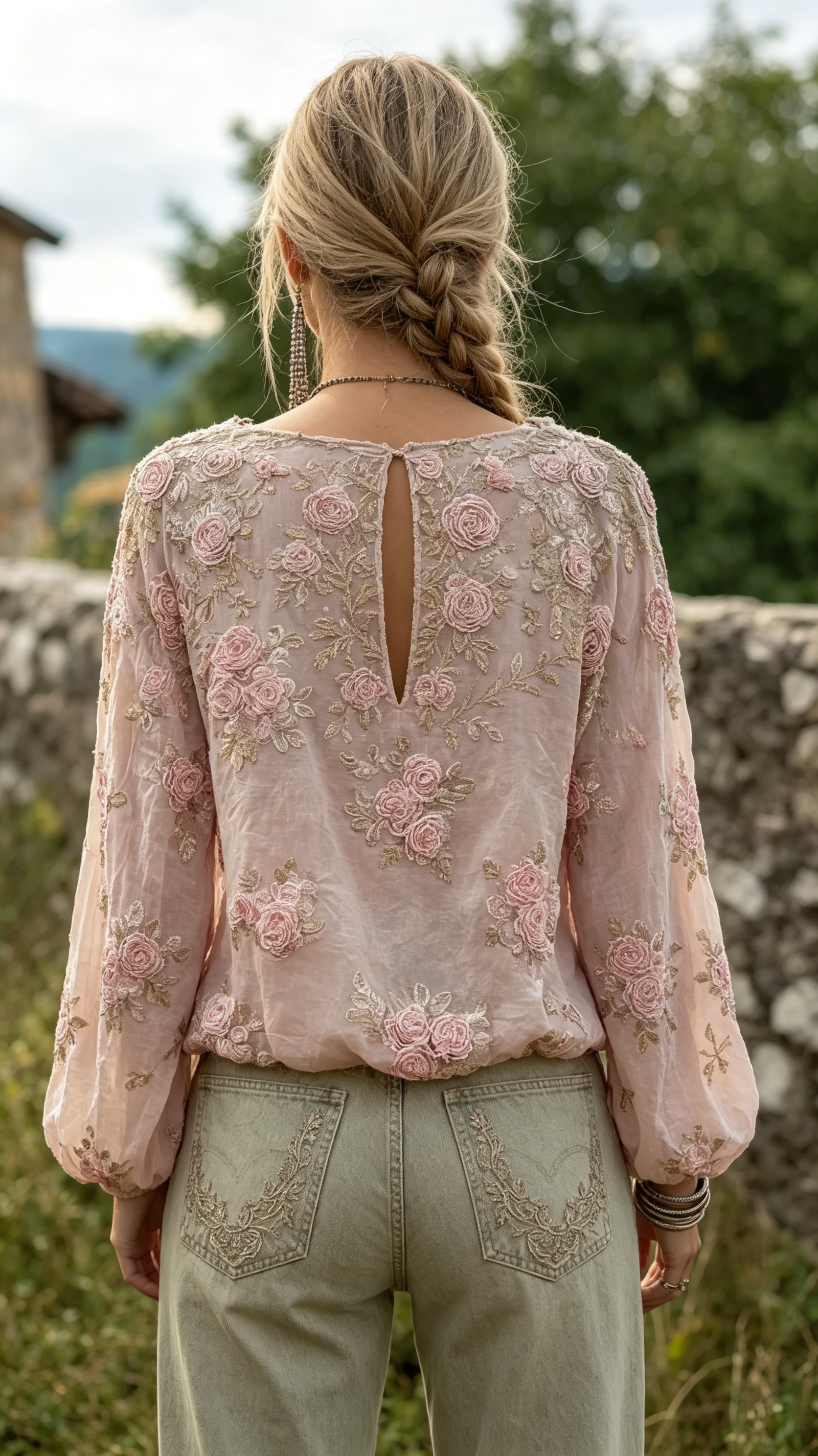 Elegant Boho Pink Roses Embroidered Cozy Linen Tunic
