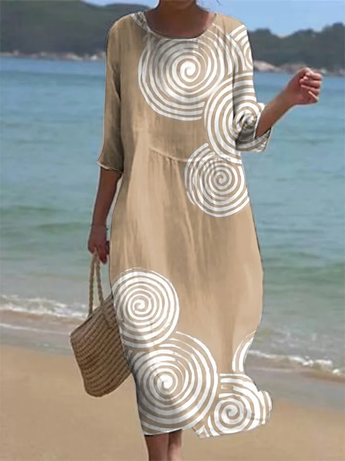 Women's Casual Solid Color Round Neck Mid-Sleeve Floral Print Cotton Linen Dress