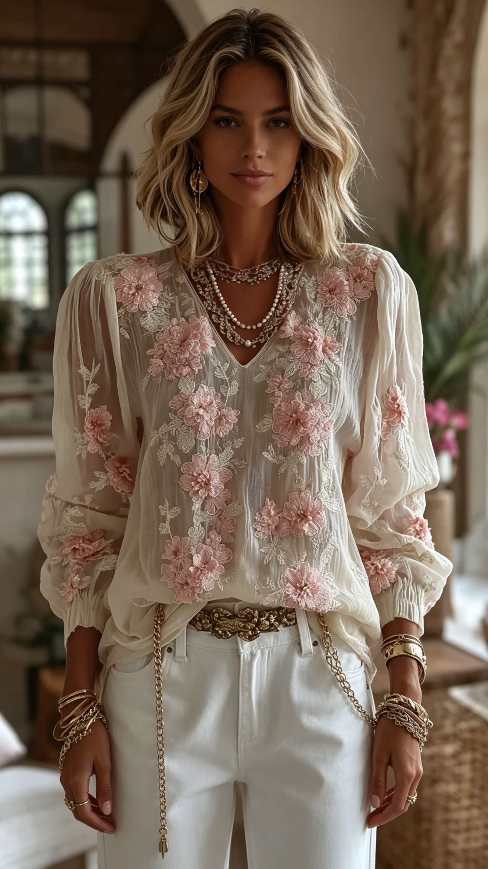 Women's Floral Embroidery Long-sleeved Linen Blend T-shirt