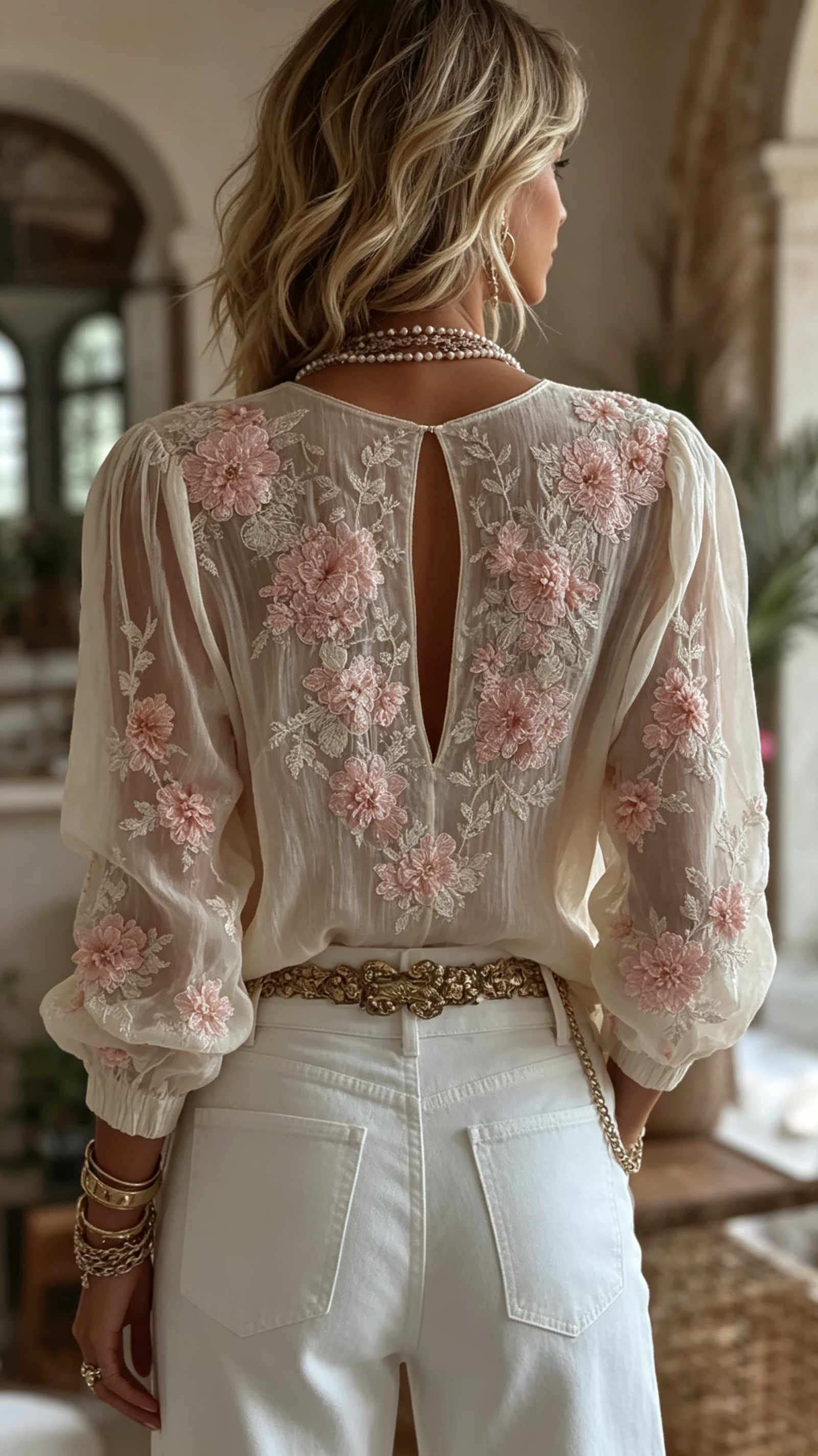 Women's Floral Embroidery Long-sleeved Linen Blend T-shirt