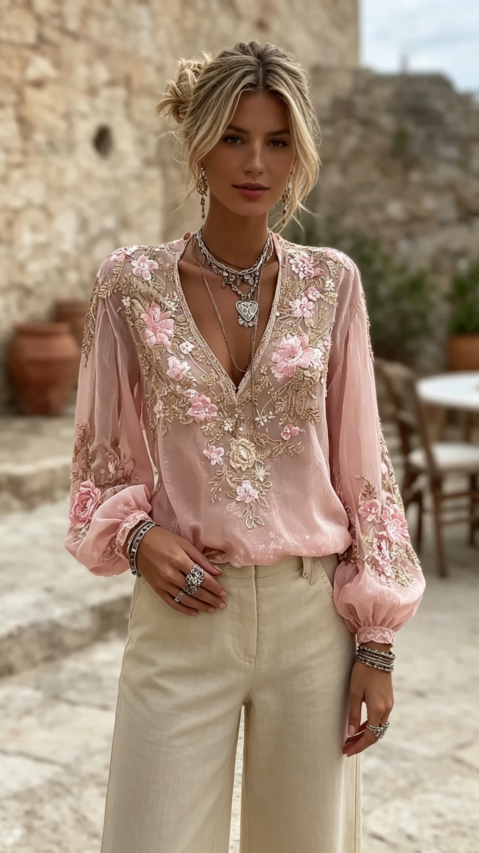 Women's Pink Floral Embroidered Art V-neck Blouse