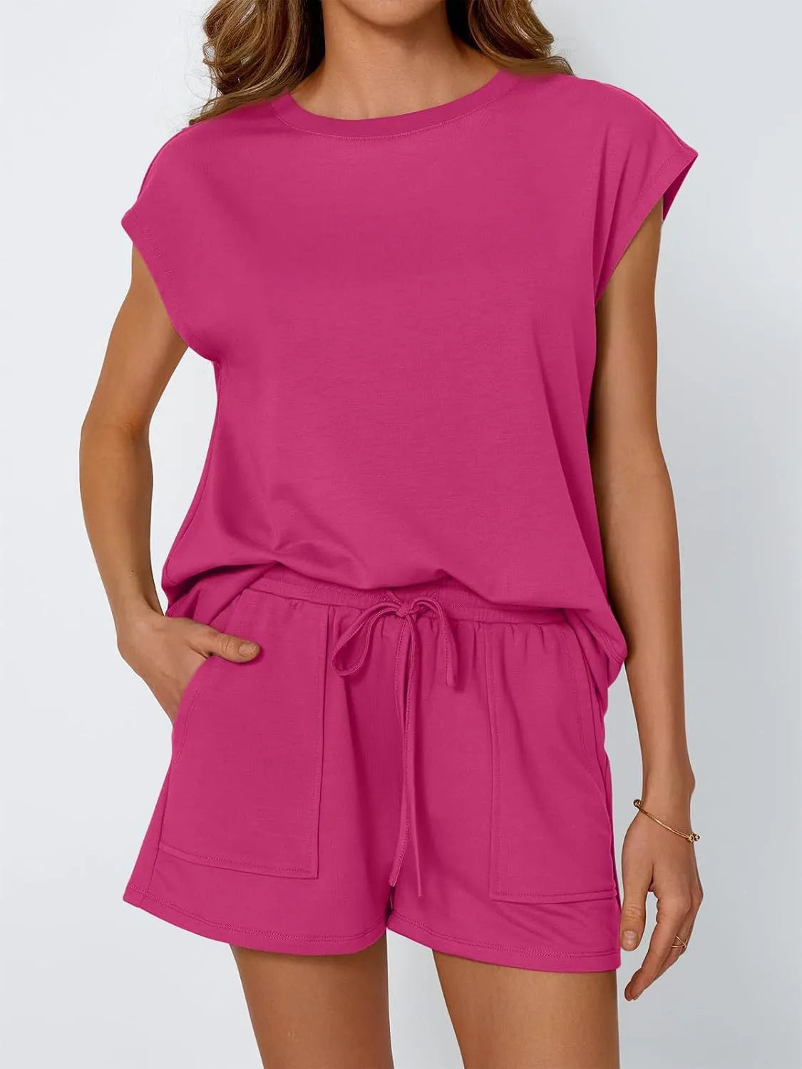 Round Neck Cap Sleeve Top and Shorts Set