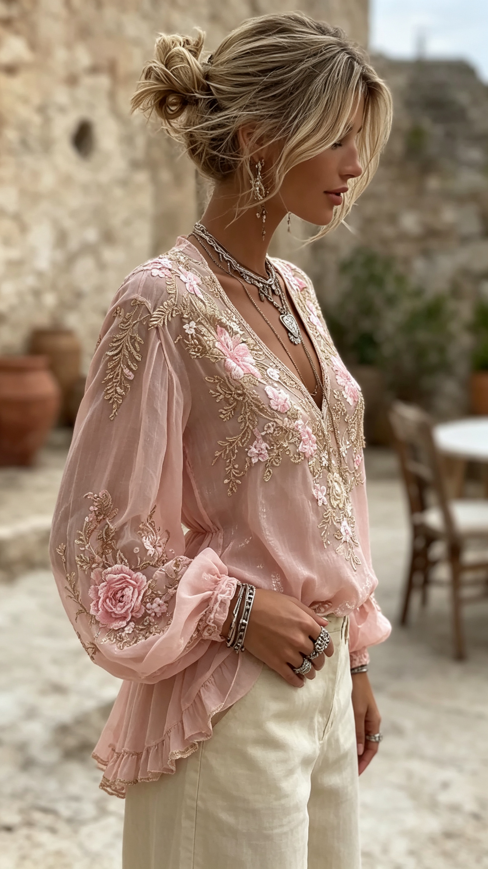 Women's Pink Floral Embroidered Art V-neck Blouse