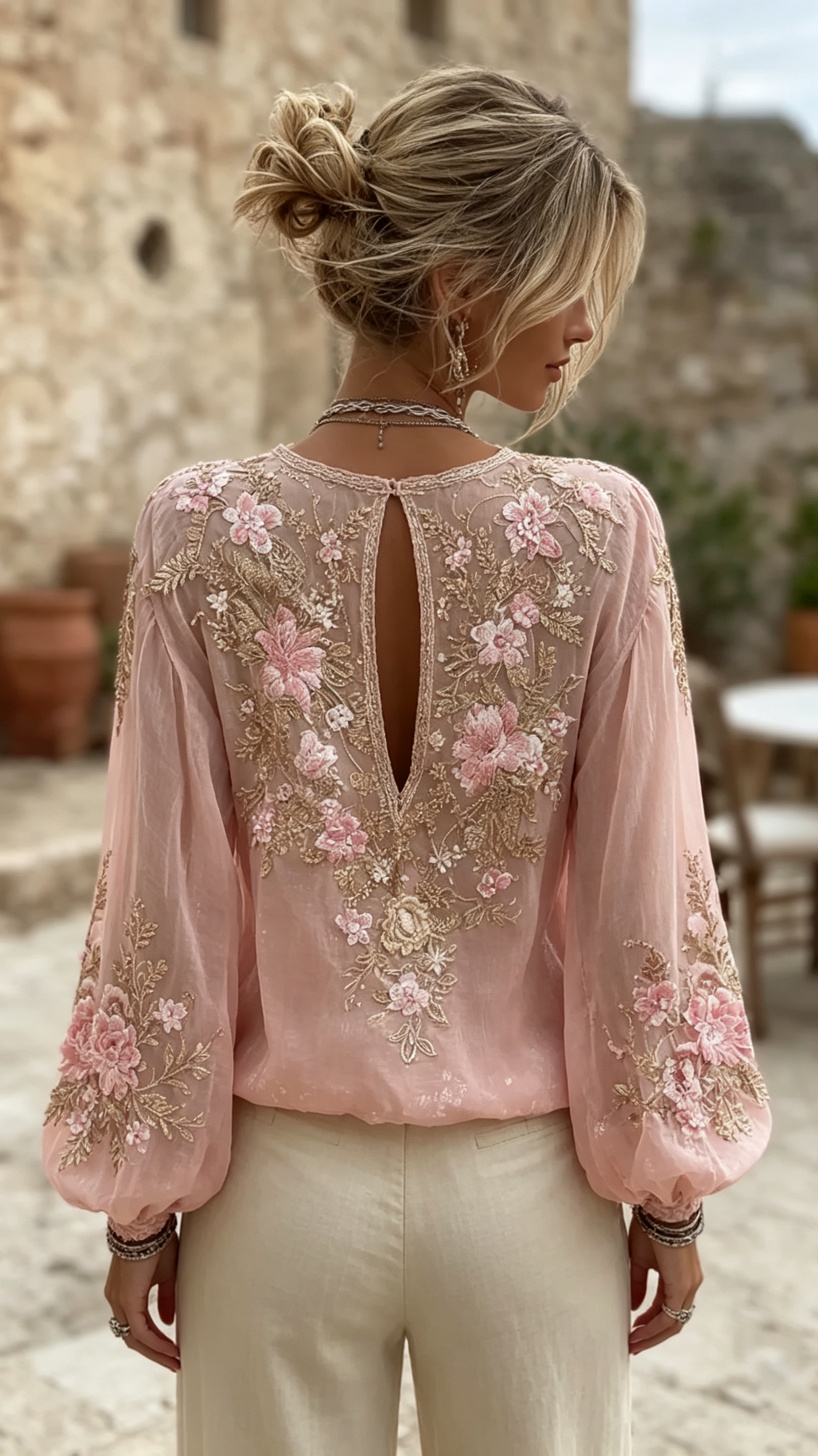 Women's Pink Floral Embroidered Art V-neck Blouse