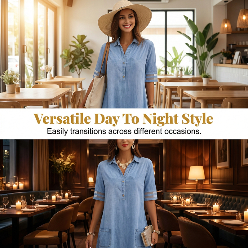 ⭐ 50% off! ⭐ Blue denim mini dress – collar, lace sleeves, side pockets. Casual meets elegant! 💃