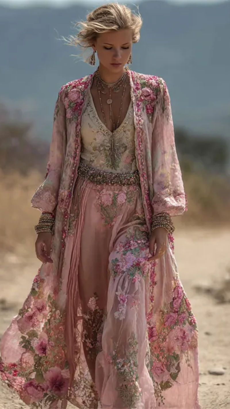 Vintage Boho Pink Floral Flowy Long Linen Cardigan