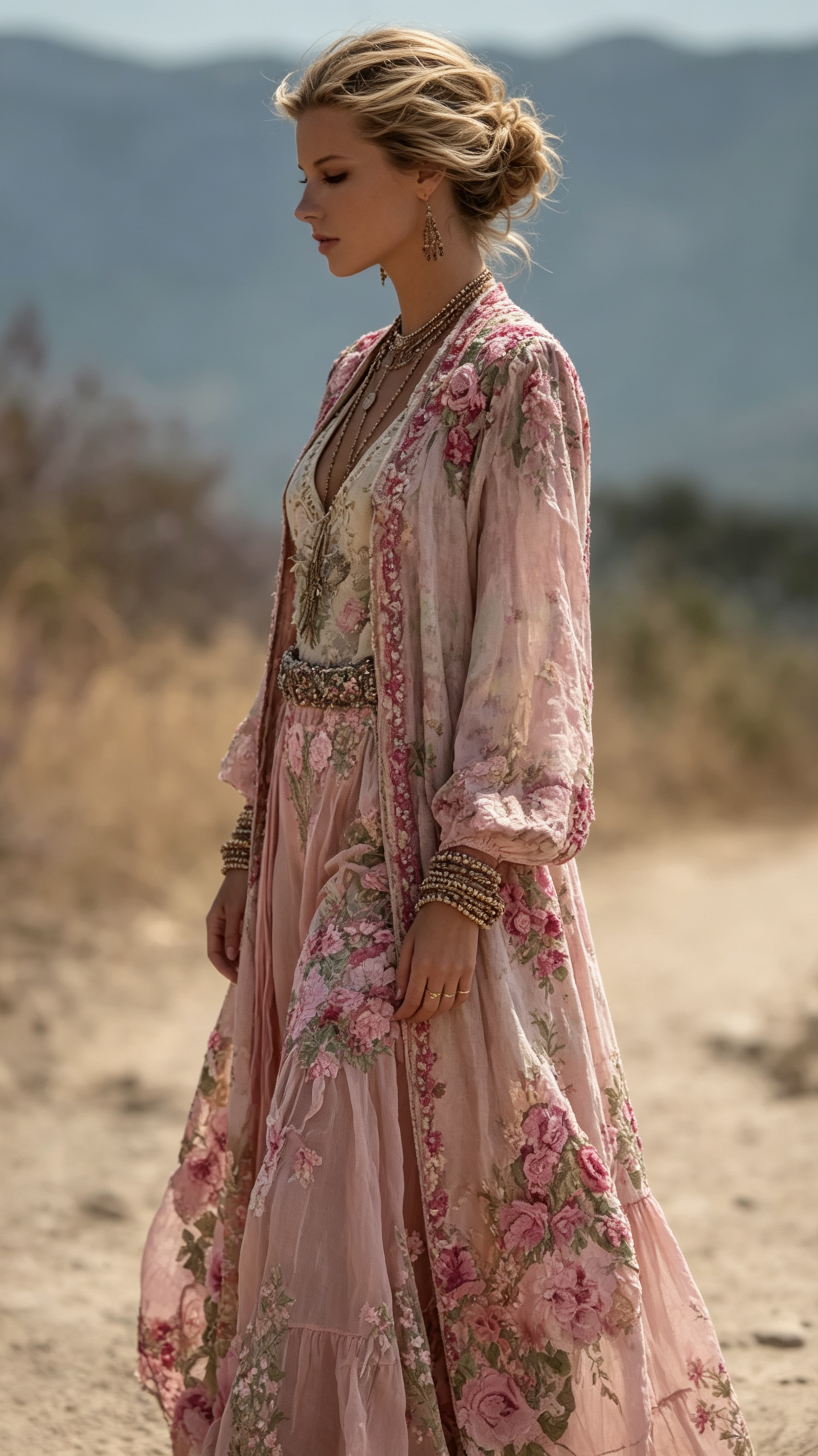 Vintage Boho Pink Floral Flowy Long Linen Cardigan