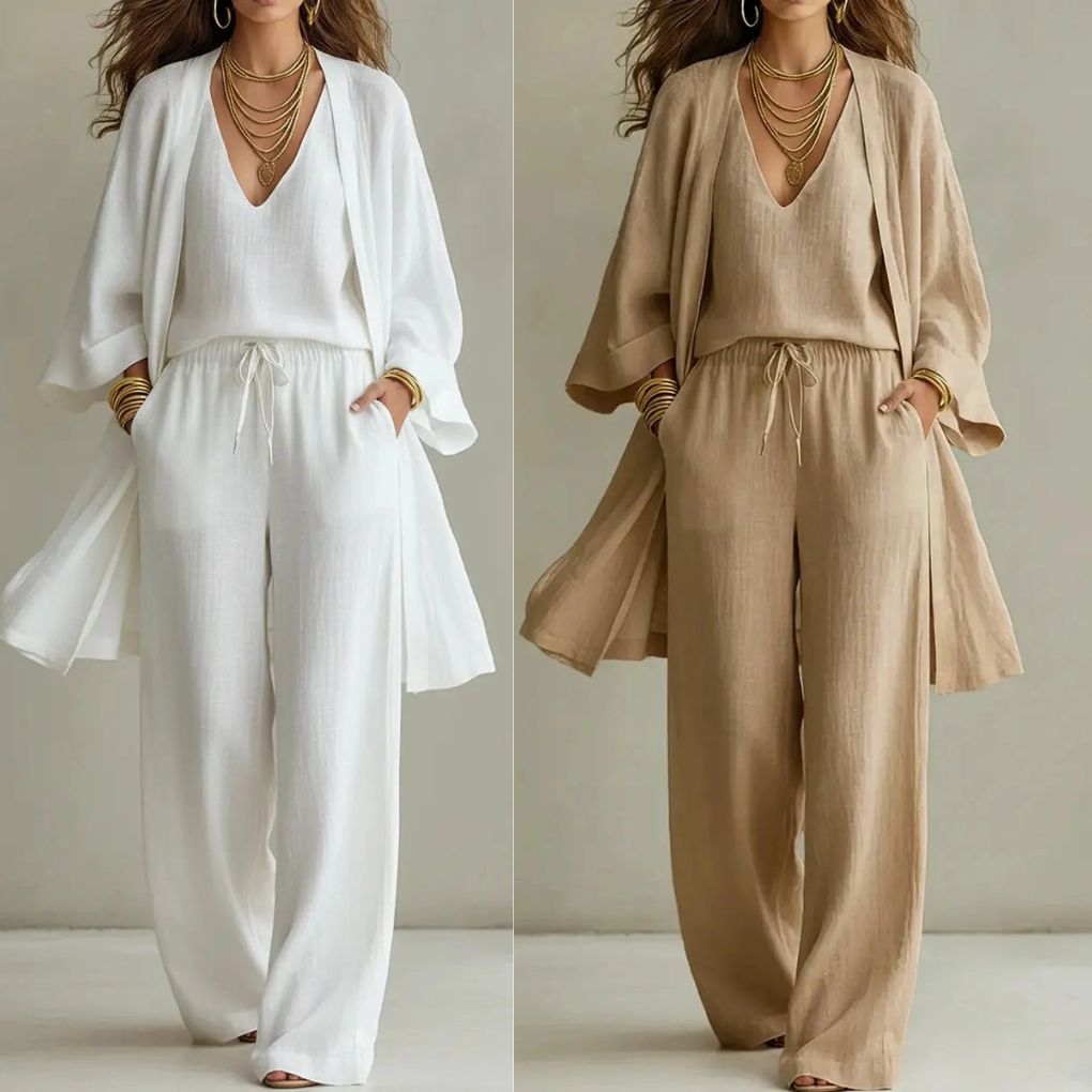 Women's Minimalist Cotton And Linen Wide-leg Pants Three-piece Set