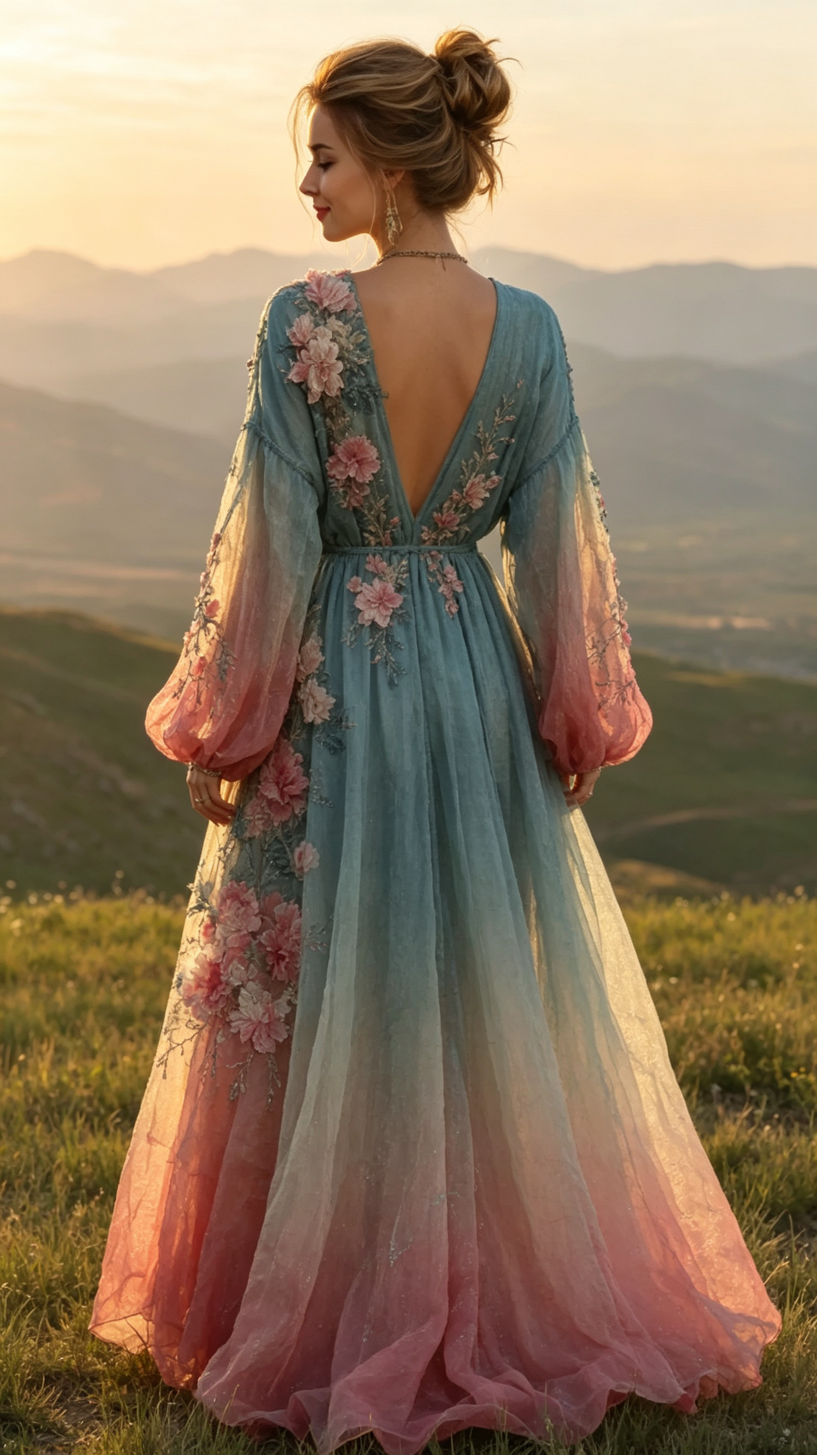 Women's Retro Bohemian Style Artistic Floral V-neck Long Dress.