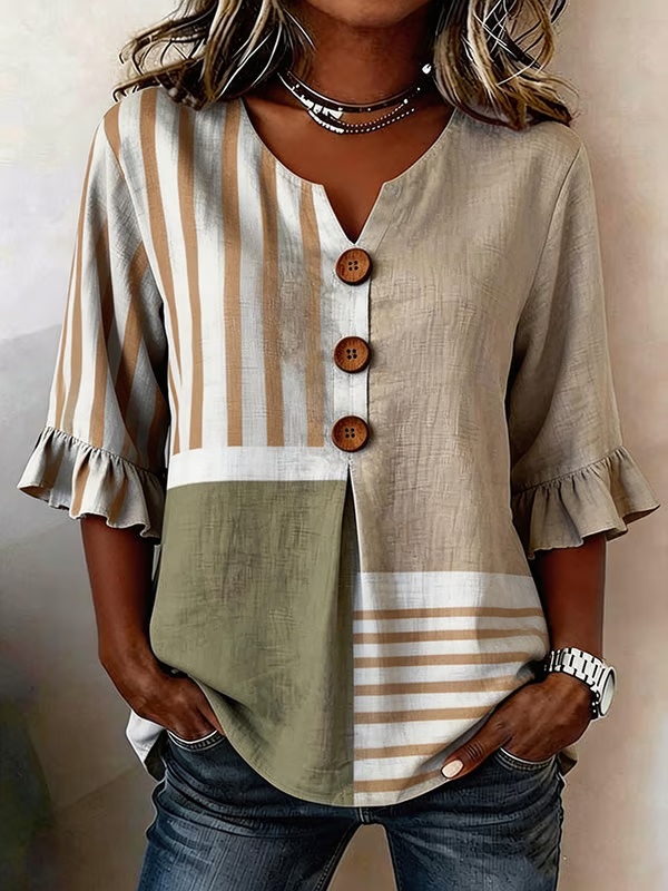 ⏰Last Day 49% Off⏰Women's Casual V-Neck Printed Cotton-Linen Top- Fast Shipping