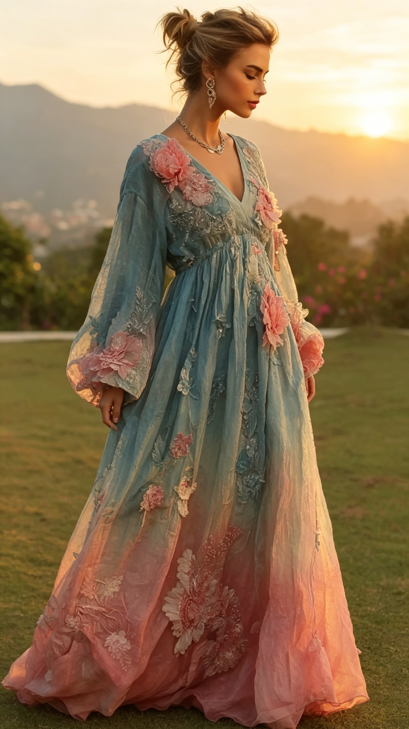 Women's Retro Bohemian Style Artistic Floral V-neck Long Dress.