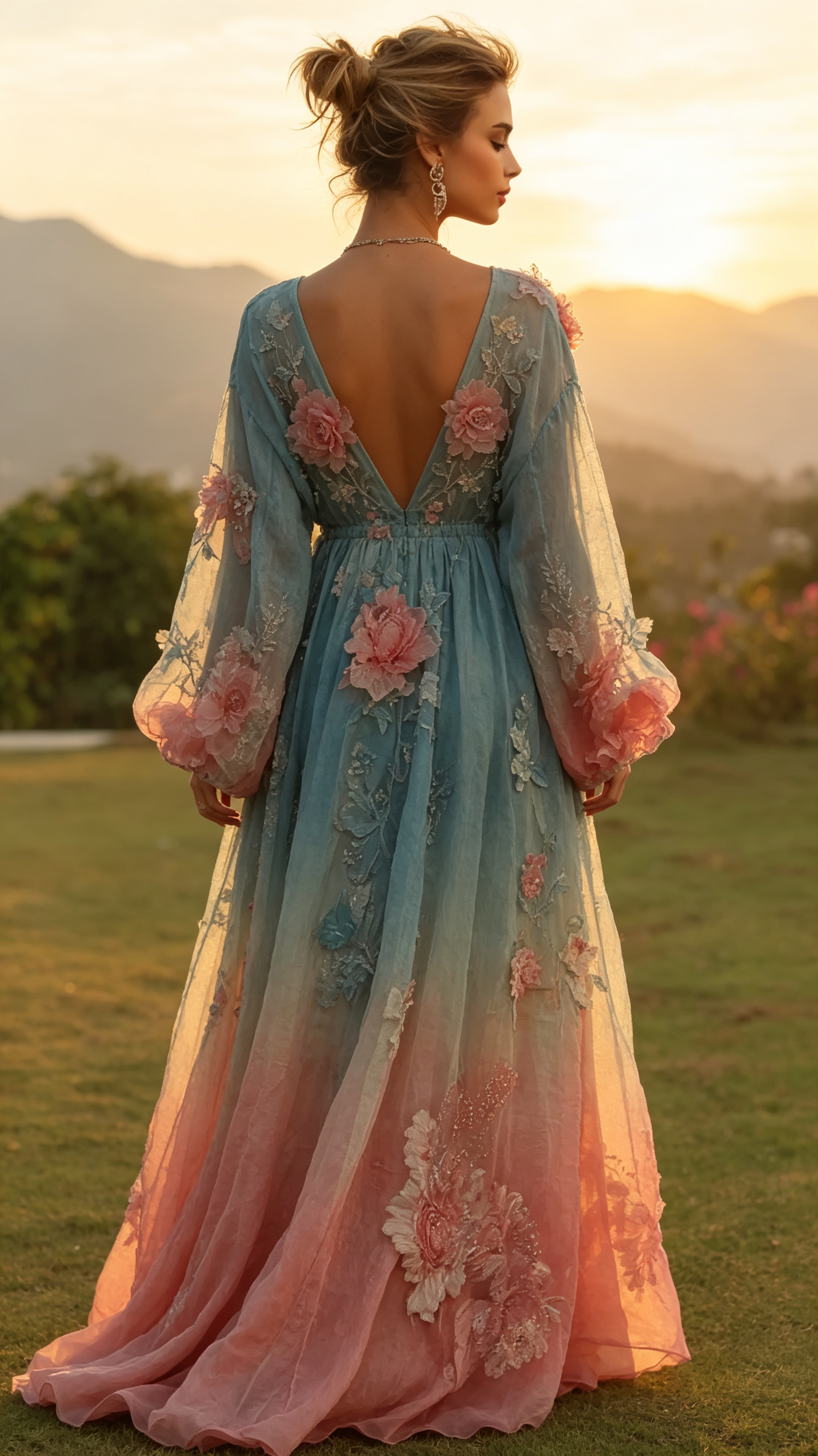 Women's Retro Bohemian Style Artistic Floral V-neck Long Dress.