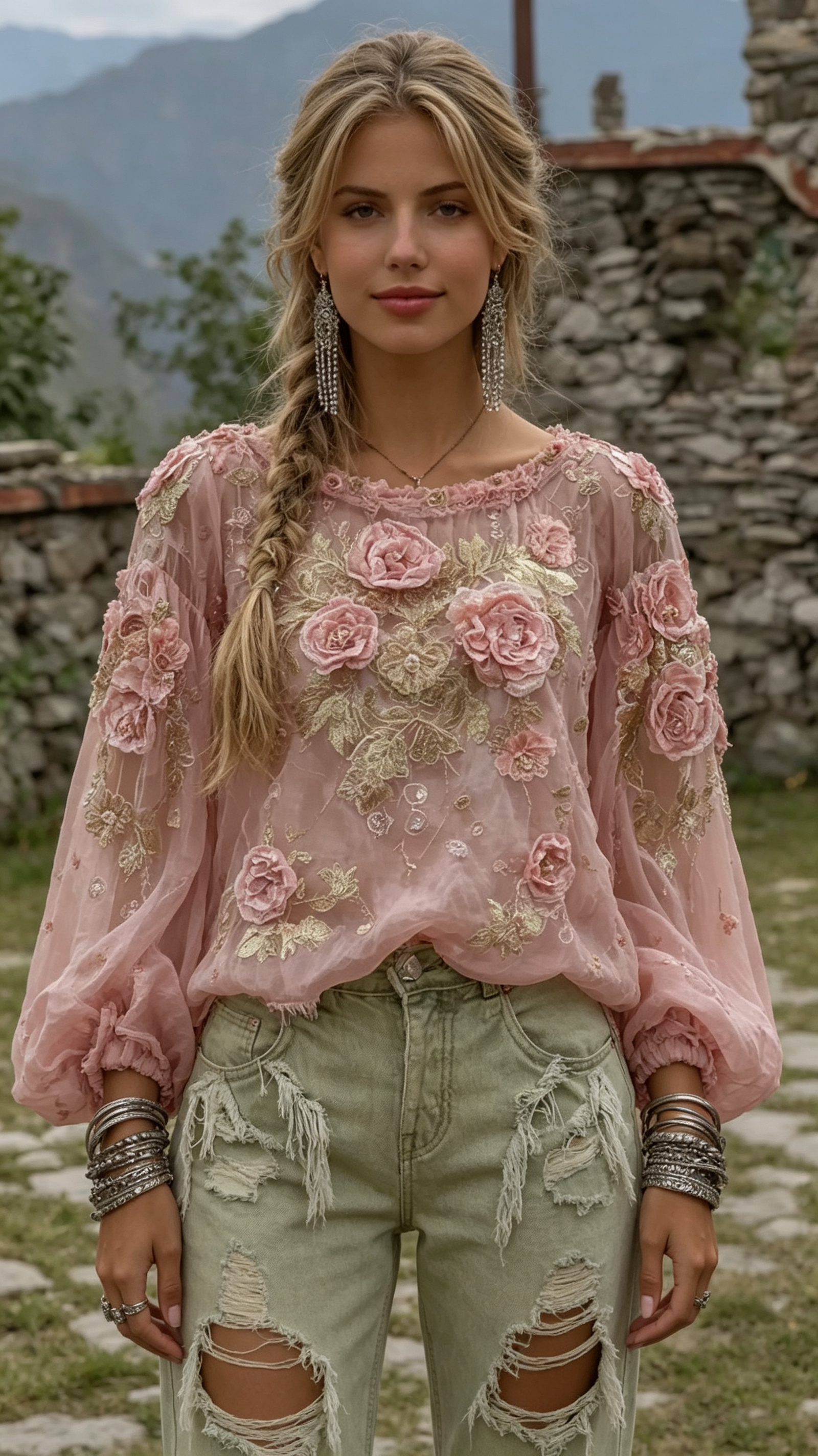 Elegant Boho Pink Roses Embroidered Cozy Linen Tunic