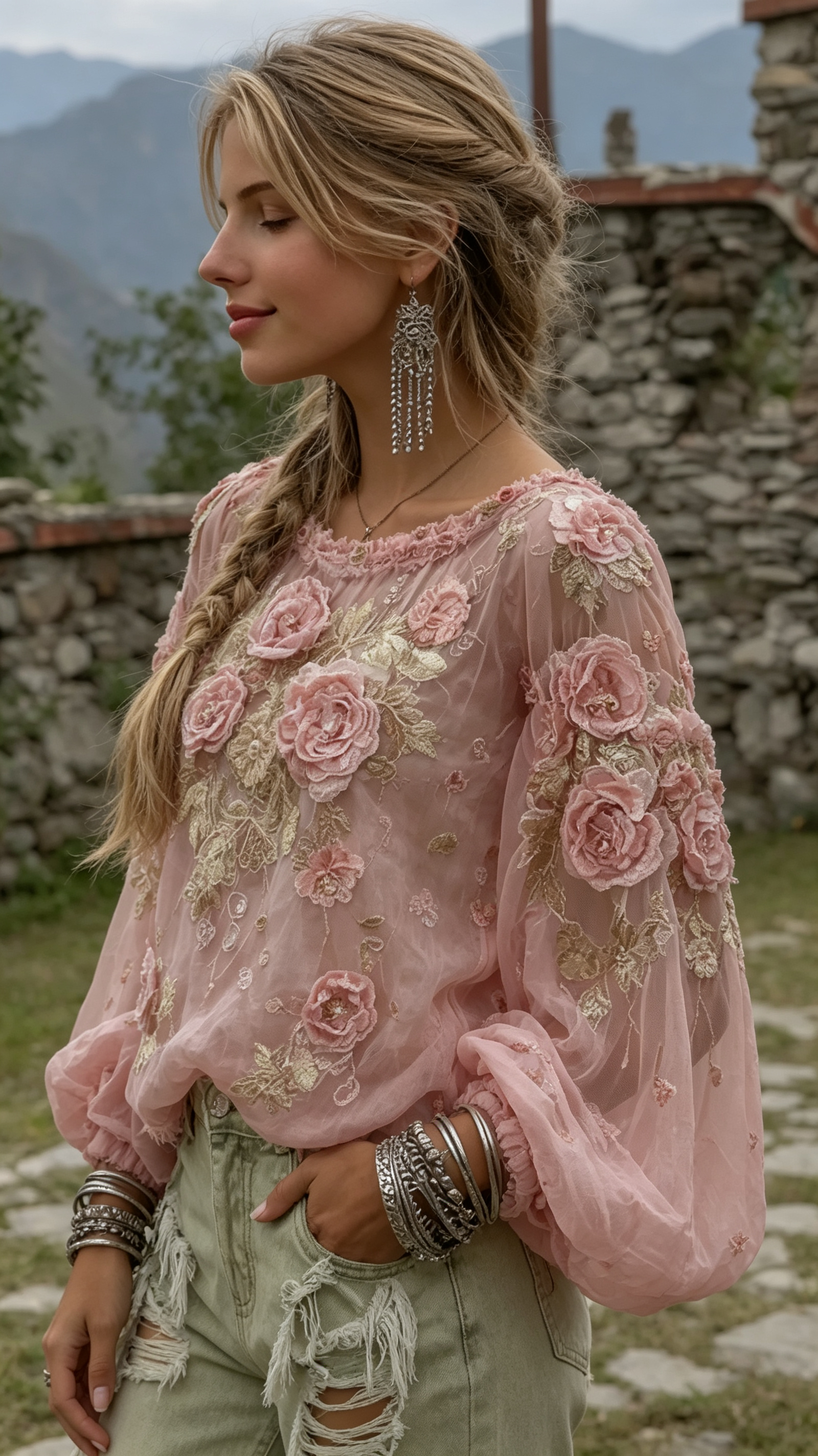 Elegant Boho Pink Roses Embroidered Cozy Linen Tunic
