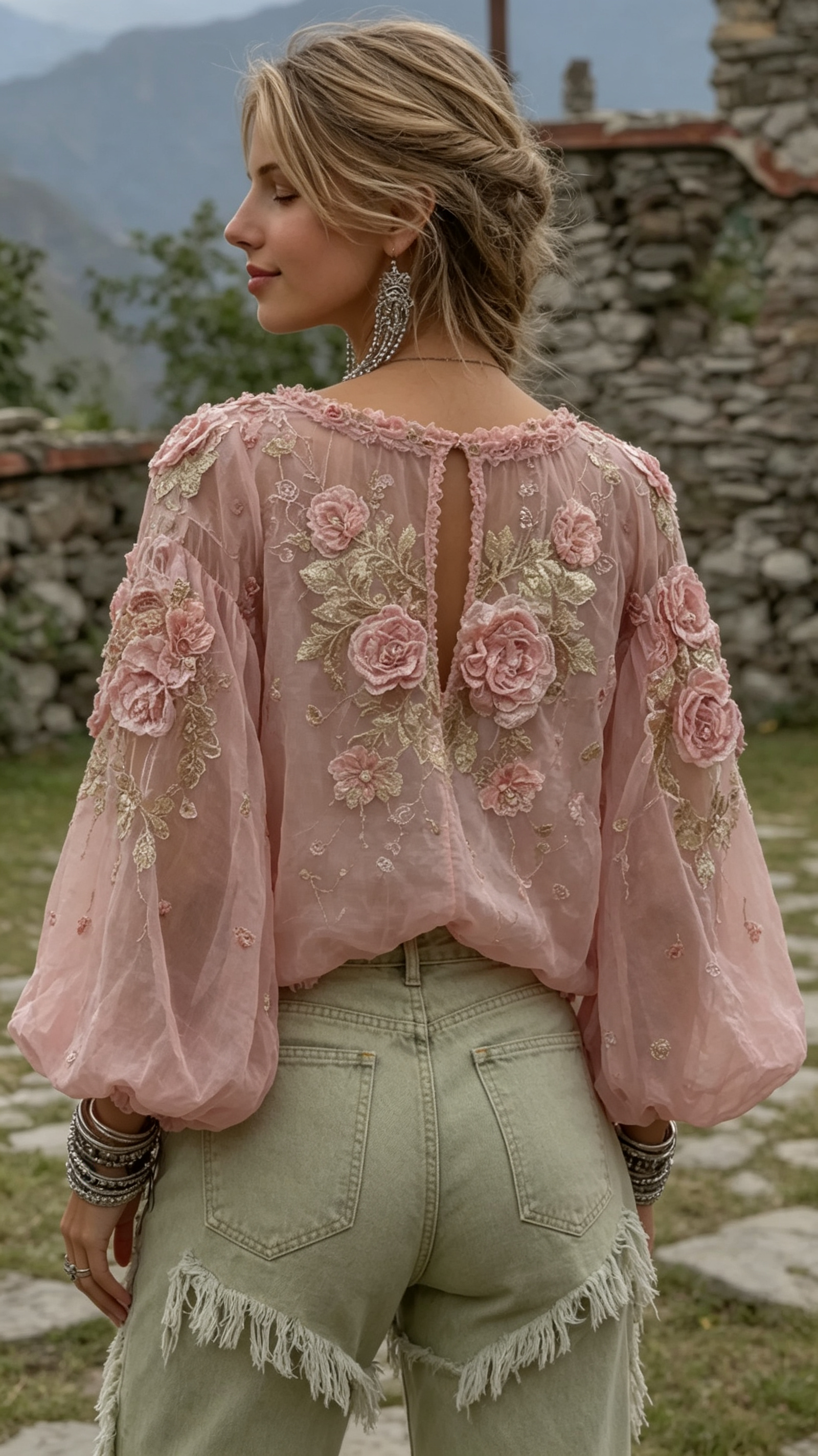 Elegant Boho Pink Roses Embroidered Cozy Linen Tunic