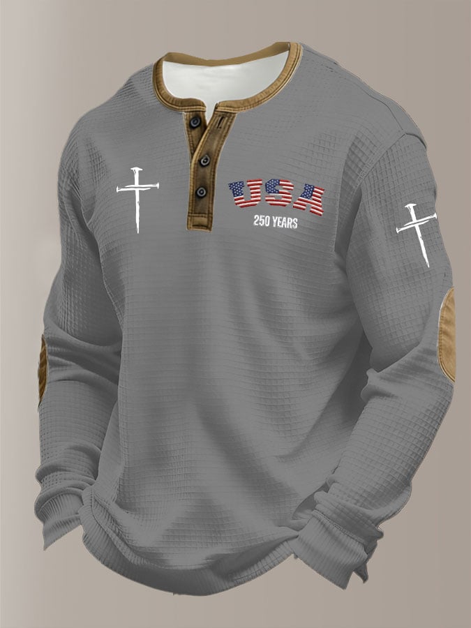 Men's Retro Usa 250 Years Print Henley Shirt
