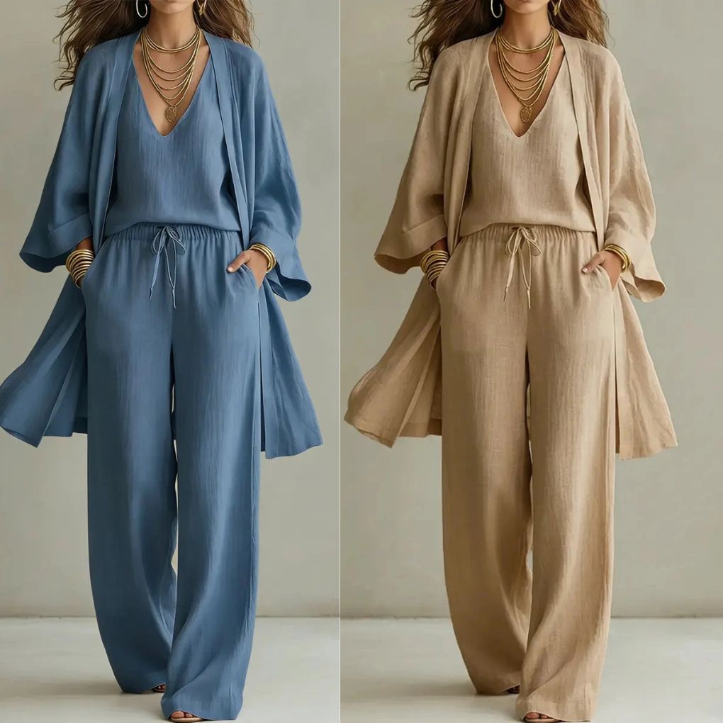 Women's Minimalist Cotton And Linen Wide-leg Pants Three-piece Set