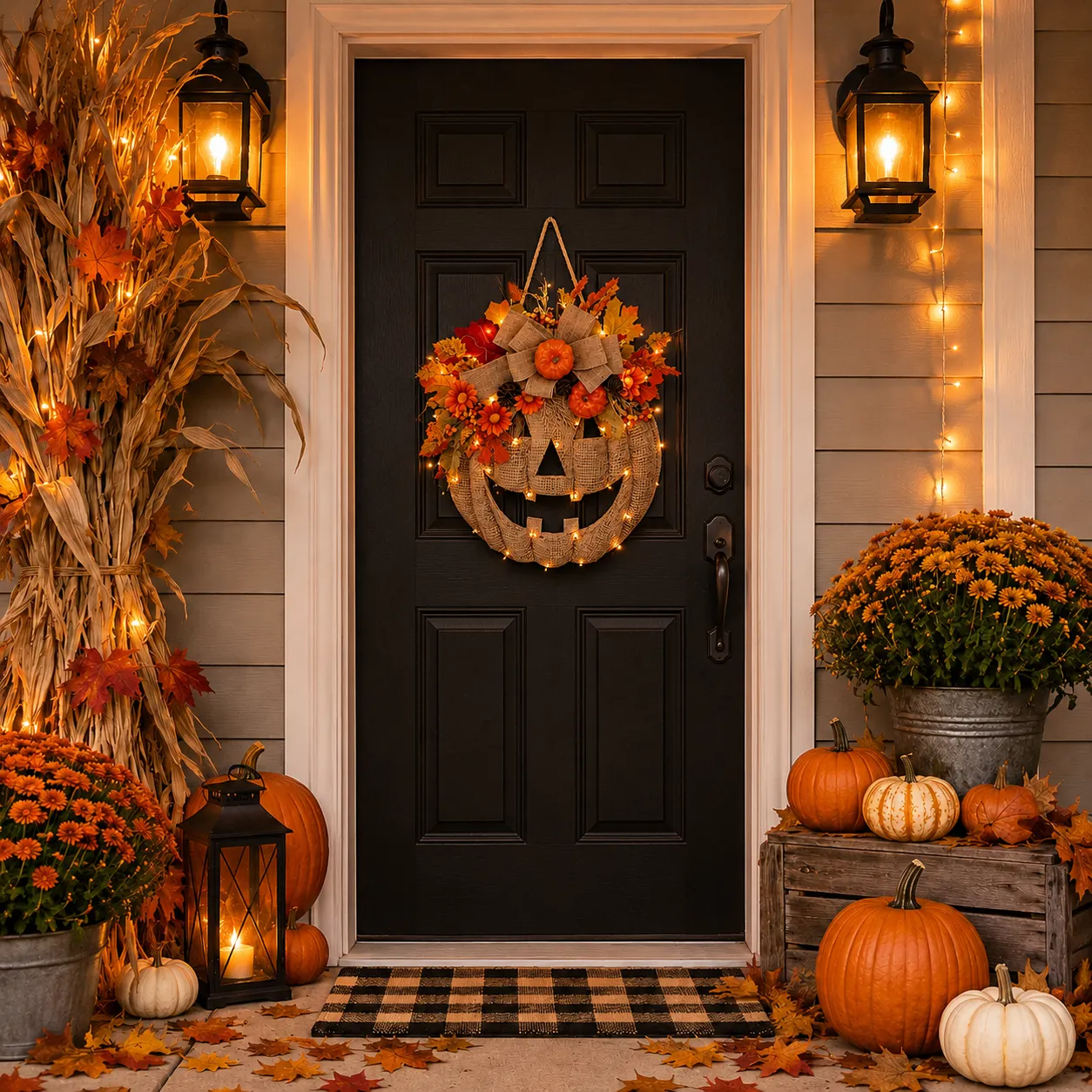 Lighted Burlap Pumpkin Wreath 🎃✨ Cozy Fall Door Decor with Warm LED String Lights