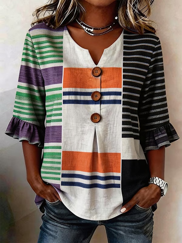⏰Last Day 49% Off⏰Women's Casual V-Neck Printed Cotton-Linen Top- Fast Shipping