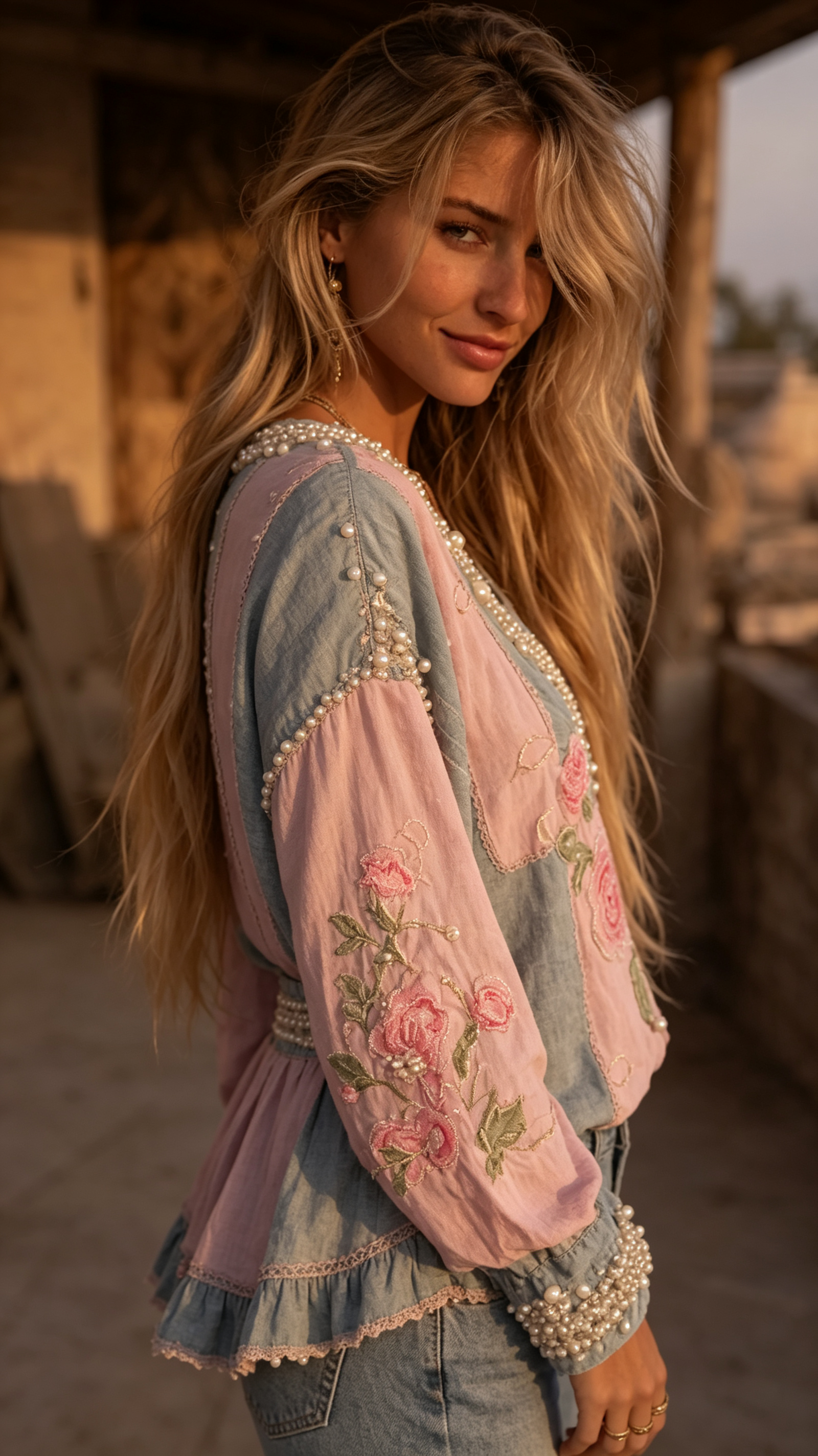Women's Pink Rose Embroidered Denim Patchwork Linen Shirt
