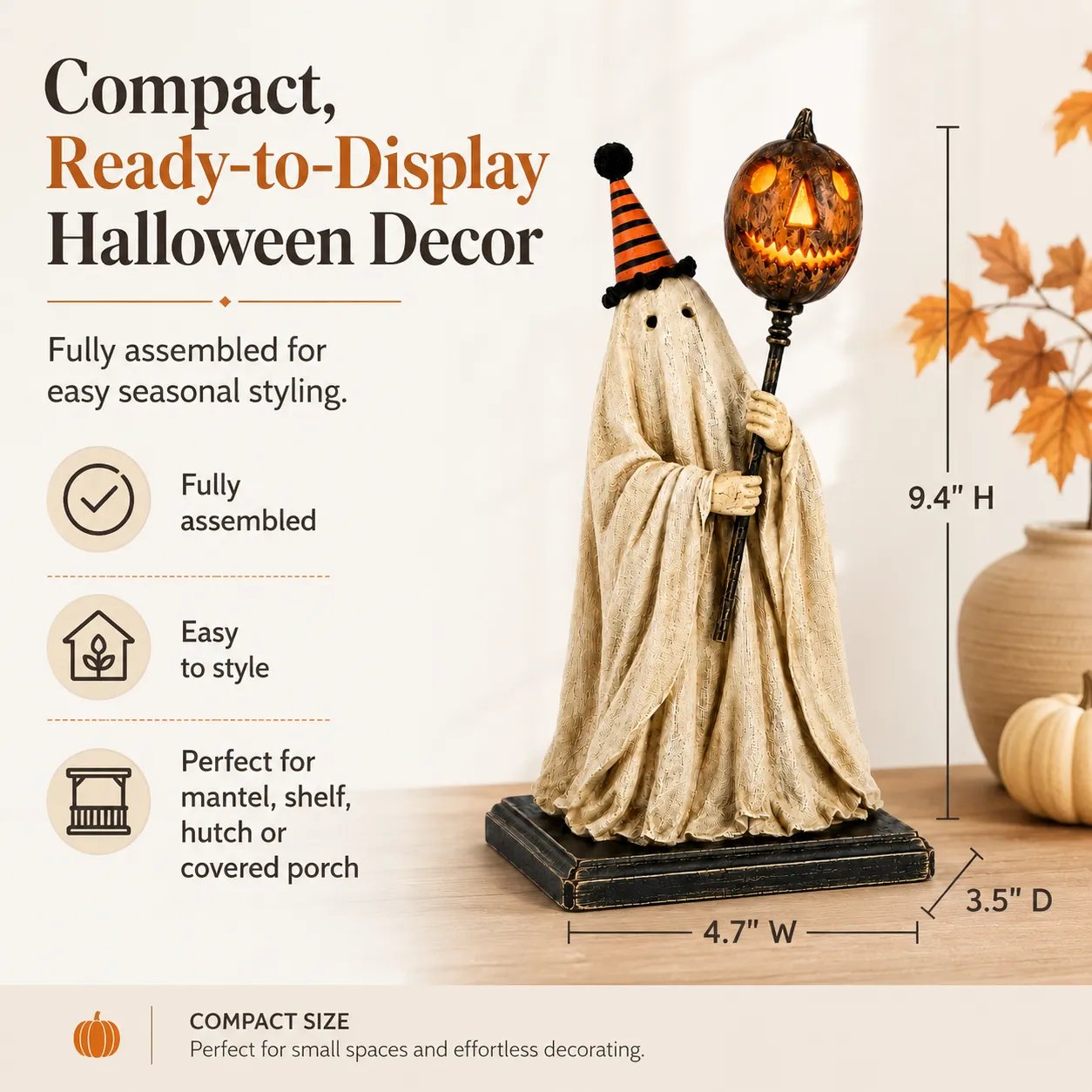 Lighted Vintage Ghost Figurine with Glowing Pumpkin Staff 👻💡