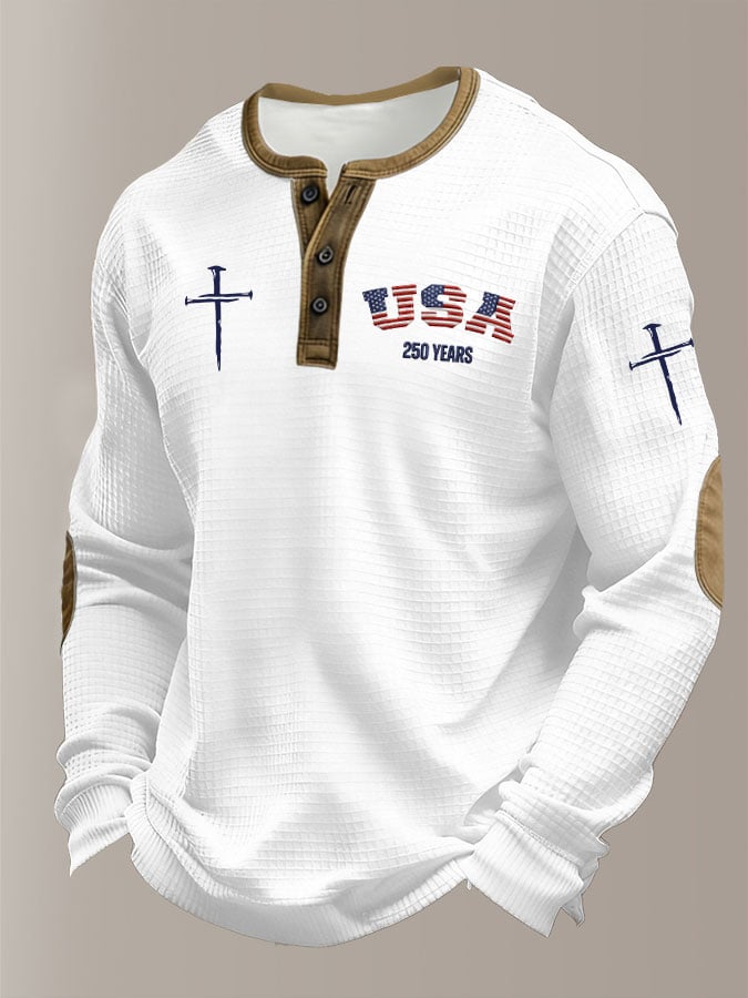 Men's Retro Usa 250 Years Print Henley Shirt