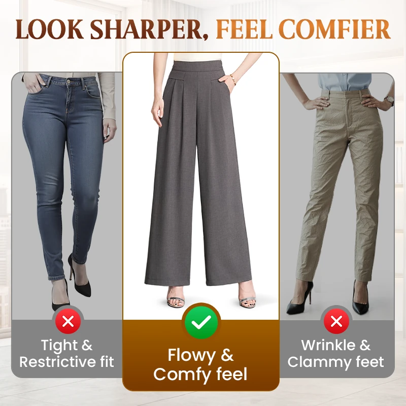 FlowyCharm - Drapey Soft Elegant High-Waisted Wide-Leg Pants
