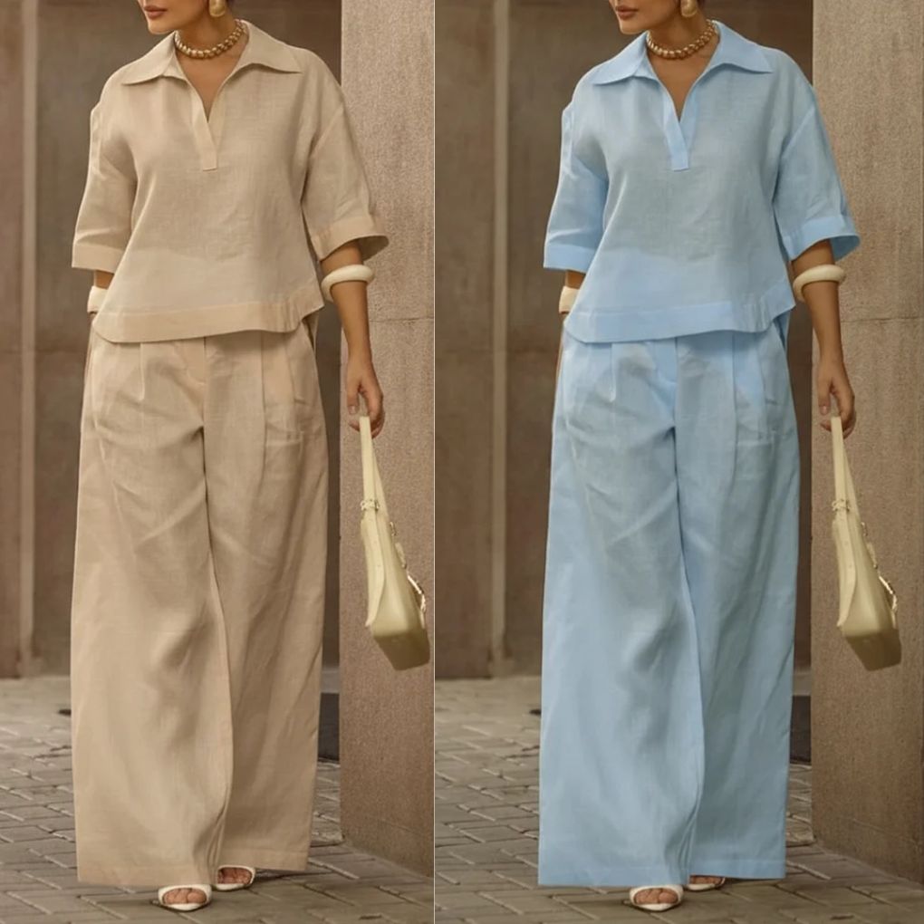 Women's Casual Linen And Cotton Shirt And Wide-leg Pants Two-piece Set