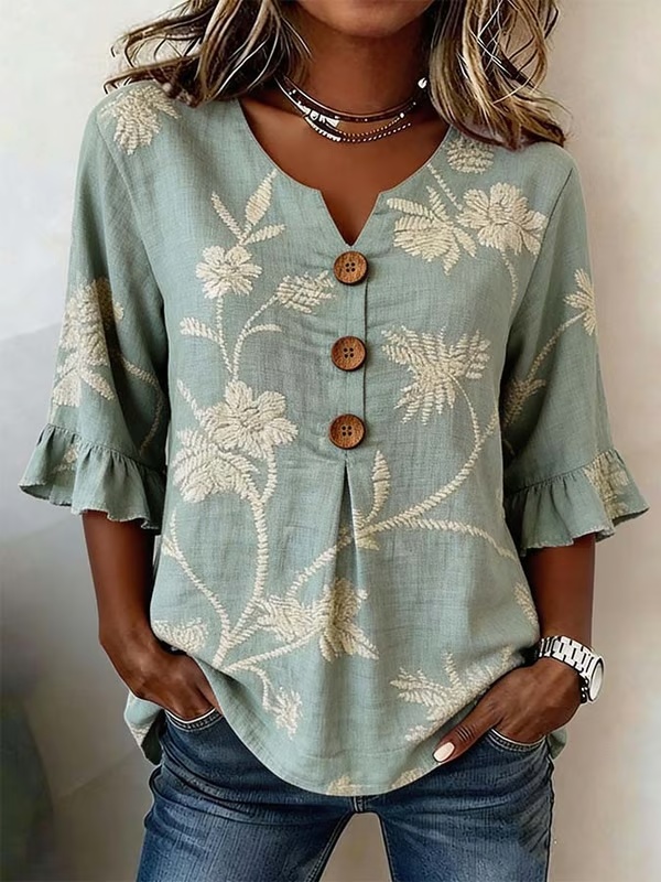 ⏰Last Day 49% Off⏰Women's Casual V-Neck Printed Cotton-Linen Top- Fast Shipping