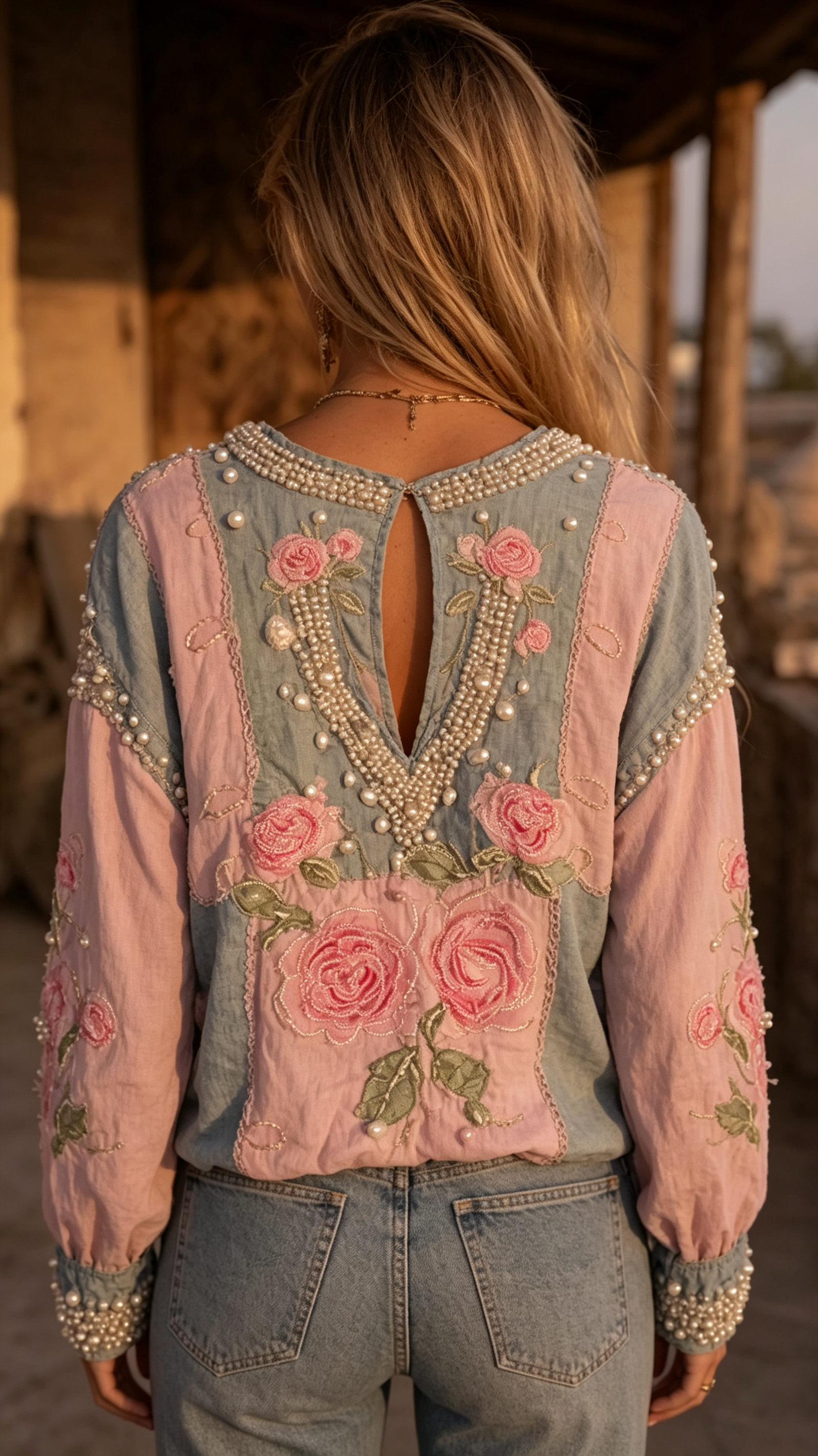 Women's Pink Rose Embroidered Denim Patchwork Linen Shirt