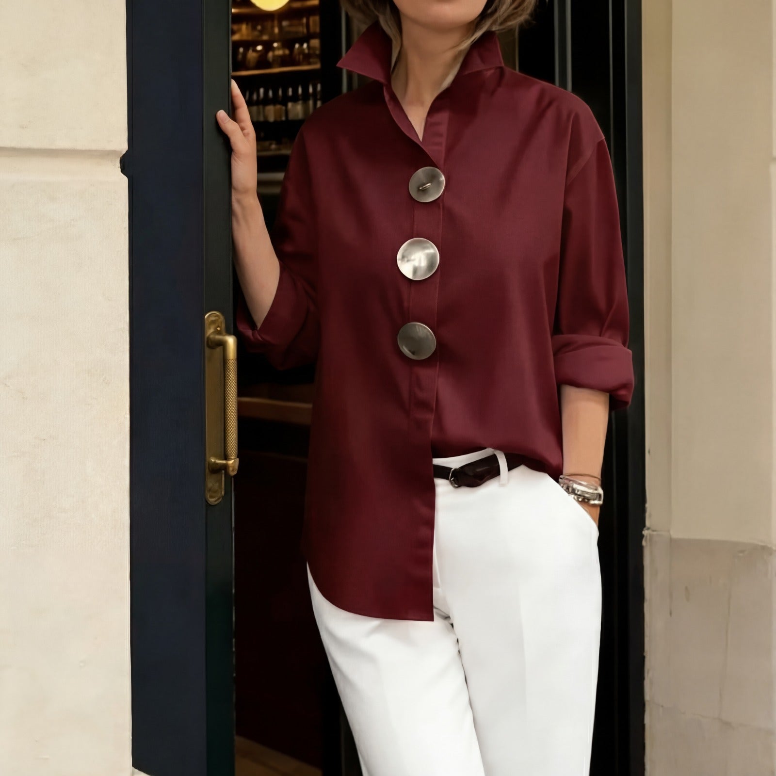 THEFASHIONRUYI™ Shirt with Structured Collar & Oversized Buttons