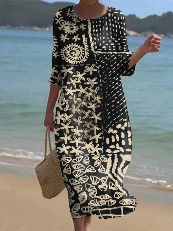 Women's Casual Solid Color Round Neck Mid-Sleeve Floral Print Cotton Linen Dress